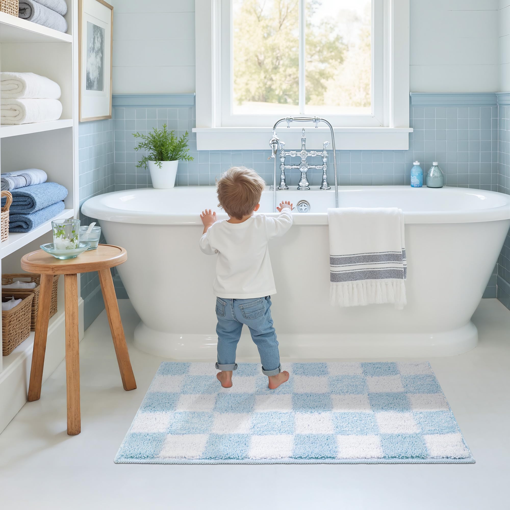 Checkered Bathroom Rugs, Fluffy Rug, Absorbent Microfiber Ultra Soft Bath Mat Washable, Non-Slip Bath Mats for Bathroom, Cute Floor Mat
