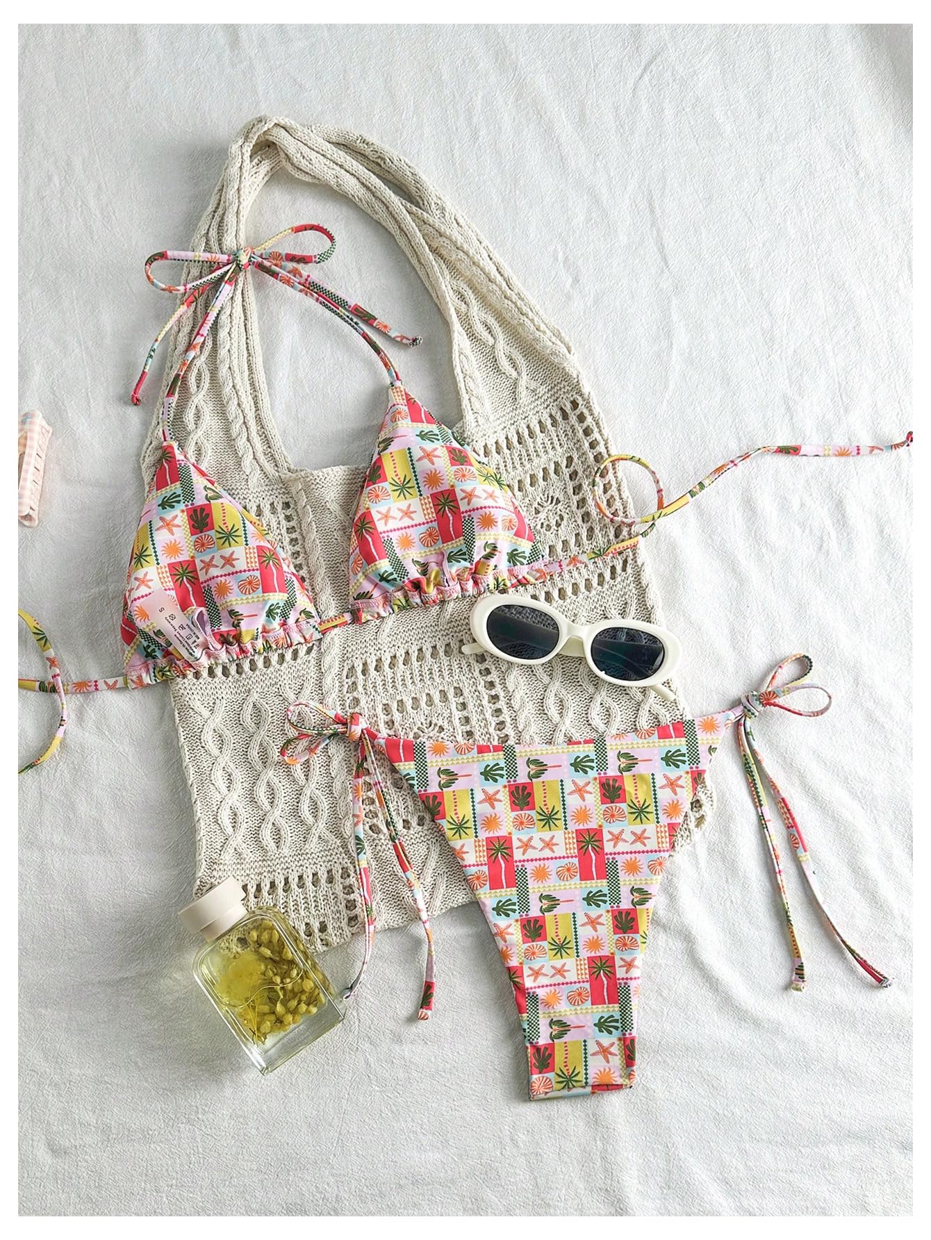 Women's Bikini Sets Tie Side Bathing Suits Tropical Print Triangle Tie Back Cheeky Swimsuit