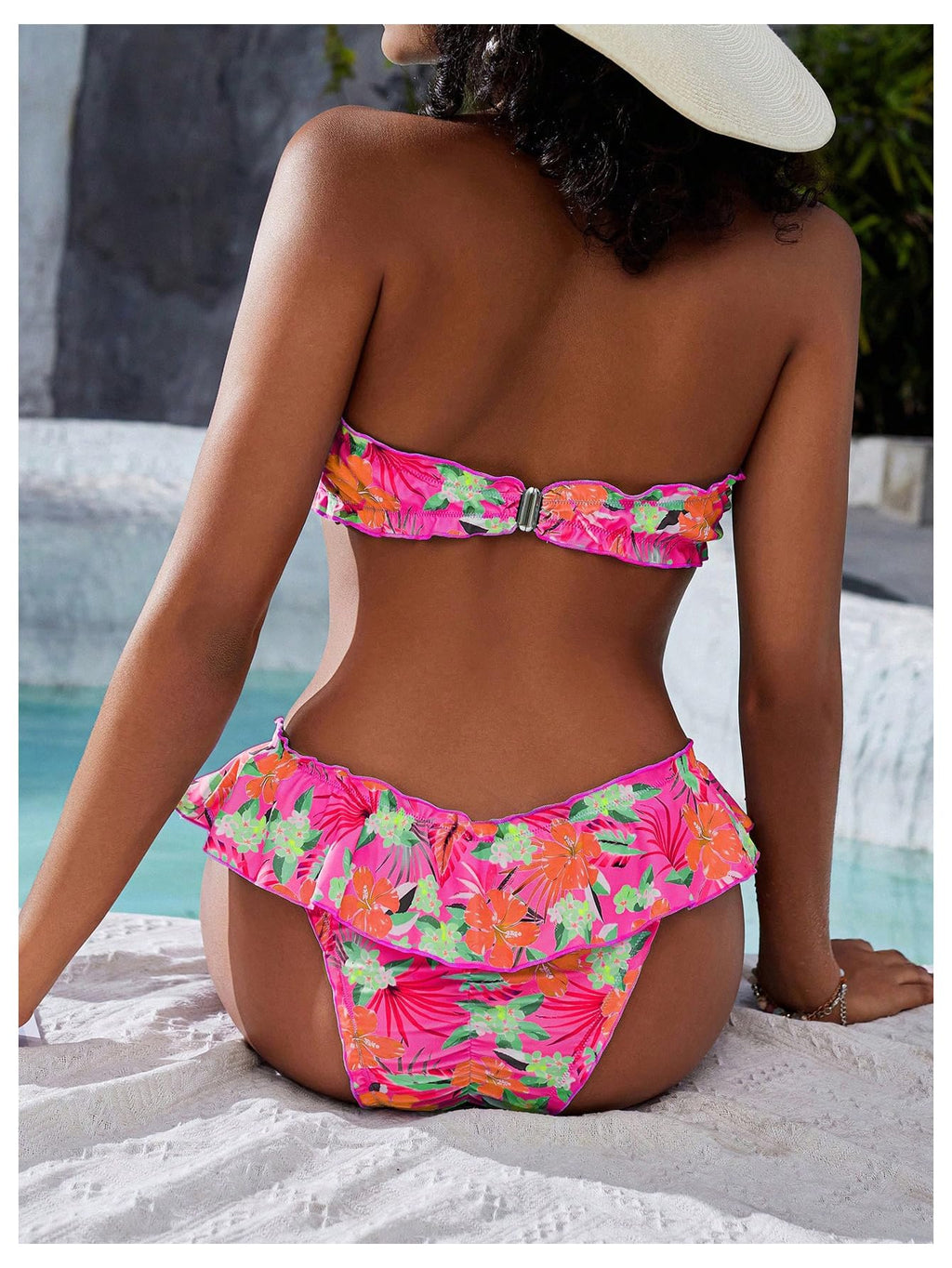 Women's Floral Bikini Bandeau Swimsuit Ruffle Tiered Strapless Bathing Suit