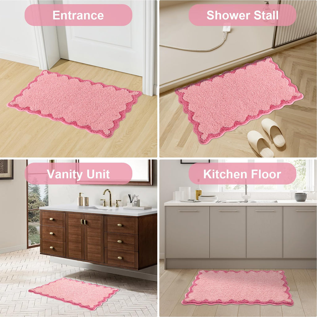 Cute Scalloped Bath Mat, Fun Plush Microfiber Scallop Bathroom Rugs Non Slip Washable Quick Dry Absorbent