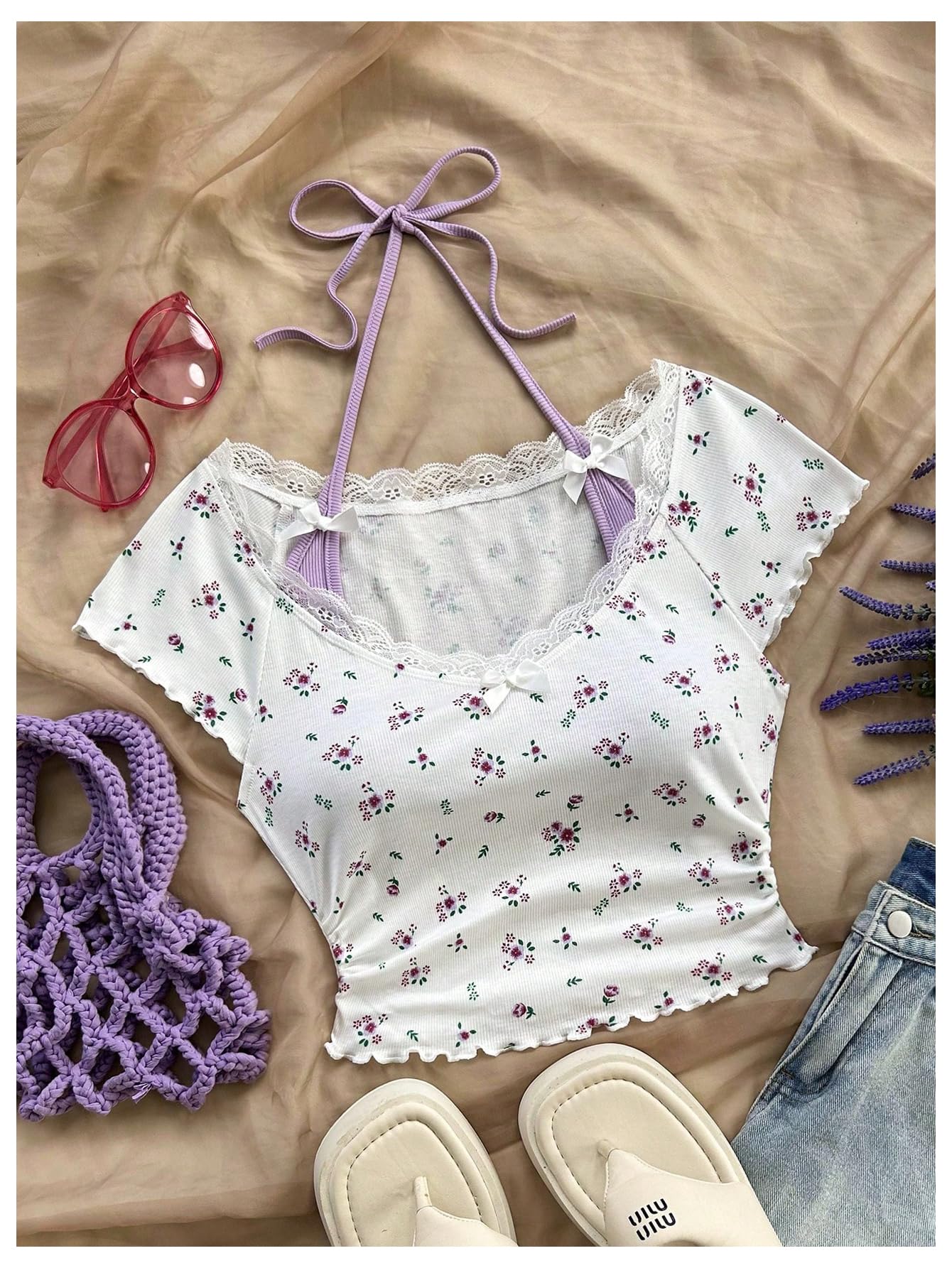 Women's Contrast Lace Halter Neck Lettuce Trim Casual Crop Tee Tops