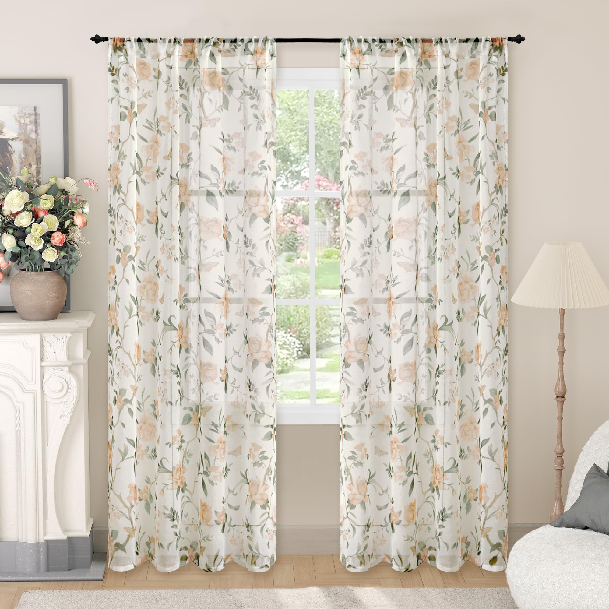 Floral Sheer Curtains, Vintage Light Filtering Semi-Sheer Linen Curtains