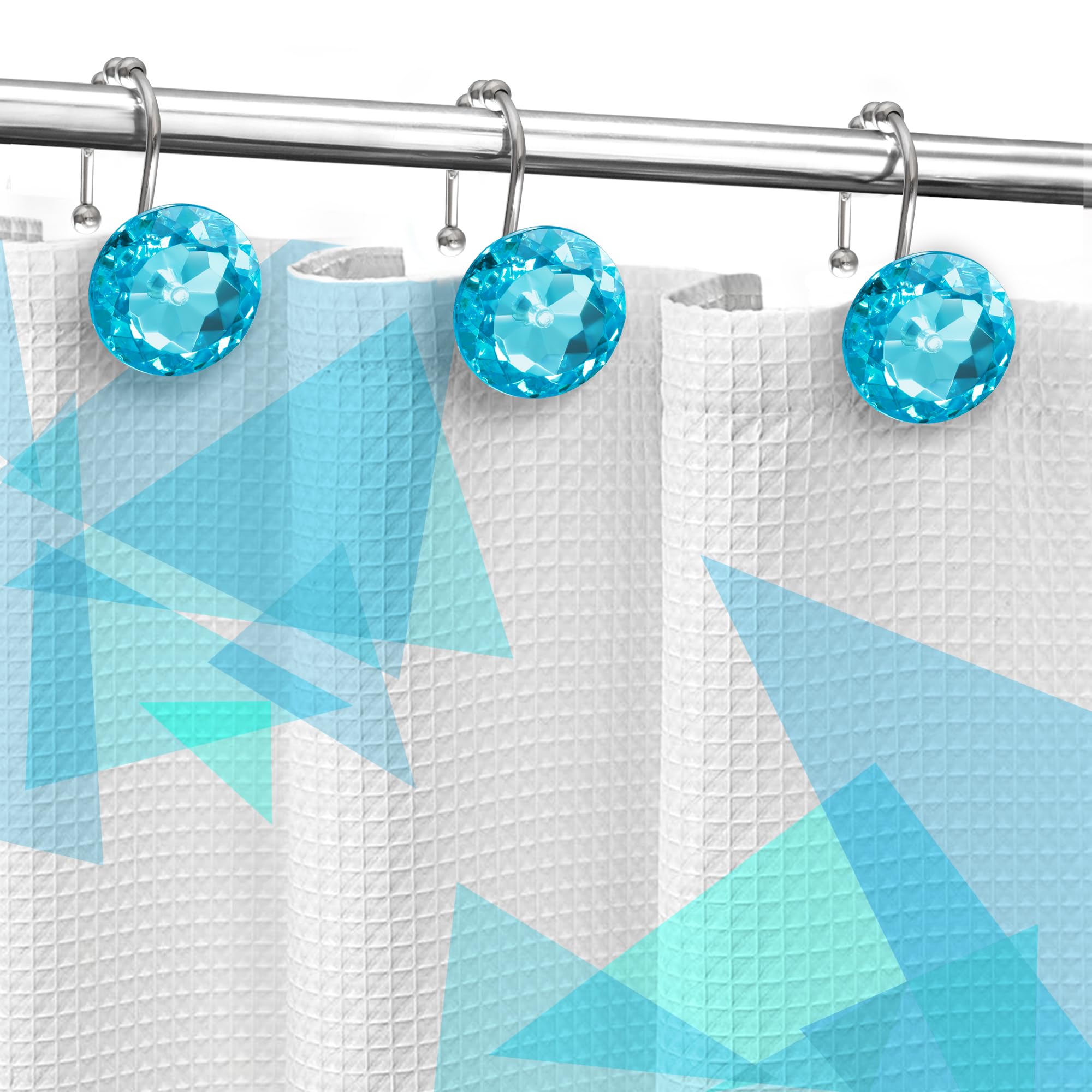 Luxury Design Round Diamond Crystal Gem Bling with Glide Balls Shower Curtain Hooks, Rust Proof Metal Rhinestones Glam Shower Curtain Rings-12 Pack