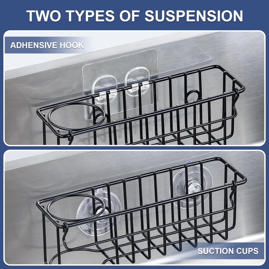 Sponge Holder for Kitchen Sink with Suction Cups & Adhesive Hook, In-sink Sponge Holder, Wall Hanging Sink Caddy Organizer Rack 3-In-1