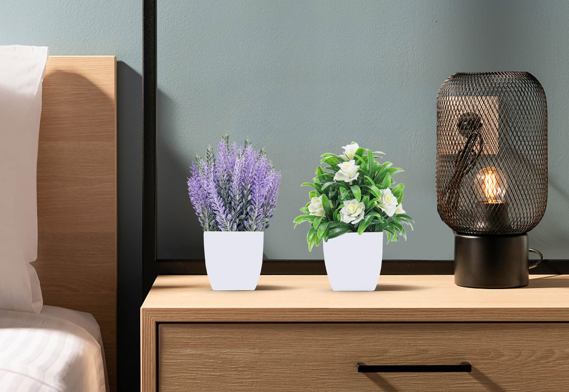 Small Fake Plants Faux Plants Indoor with Flowers for Home Bathroom Kitchen Office Desk Decor 2 Pack