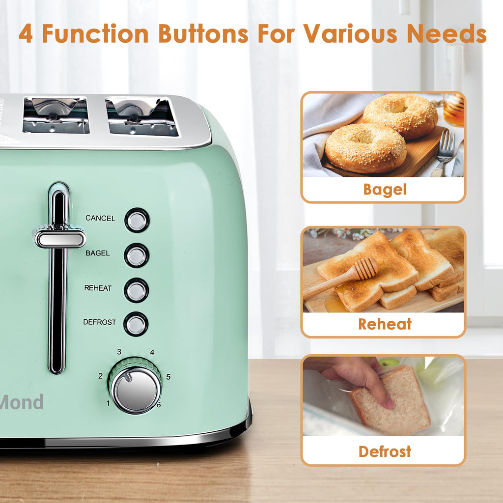 Toaster 4 Slice Retro Stainless Steel with Extra Wide Slots, Reheat Function, Dual Independent Control Panel, Removable Crumb Tray, 6 Browning Levels