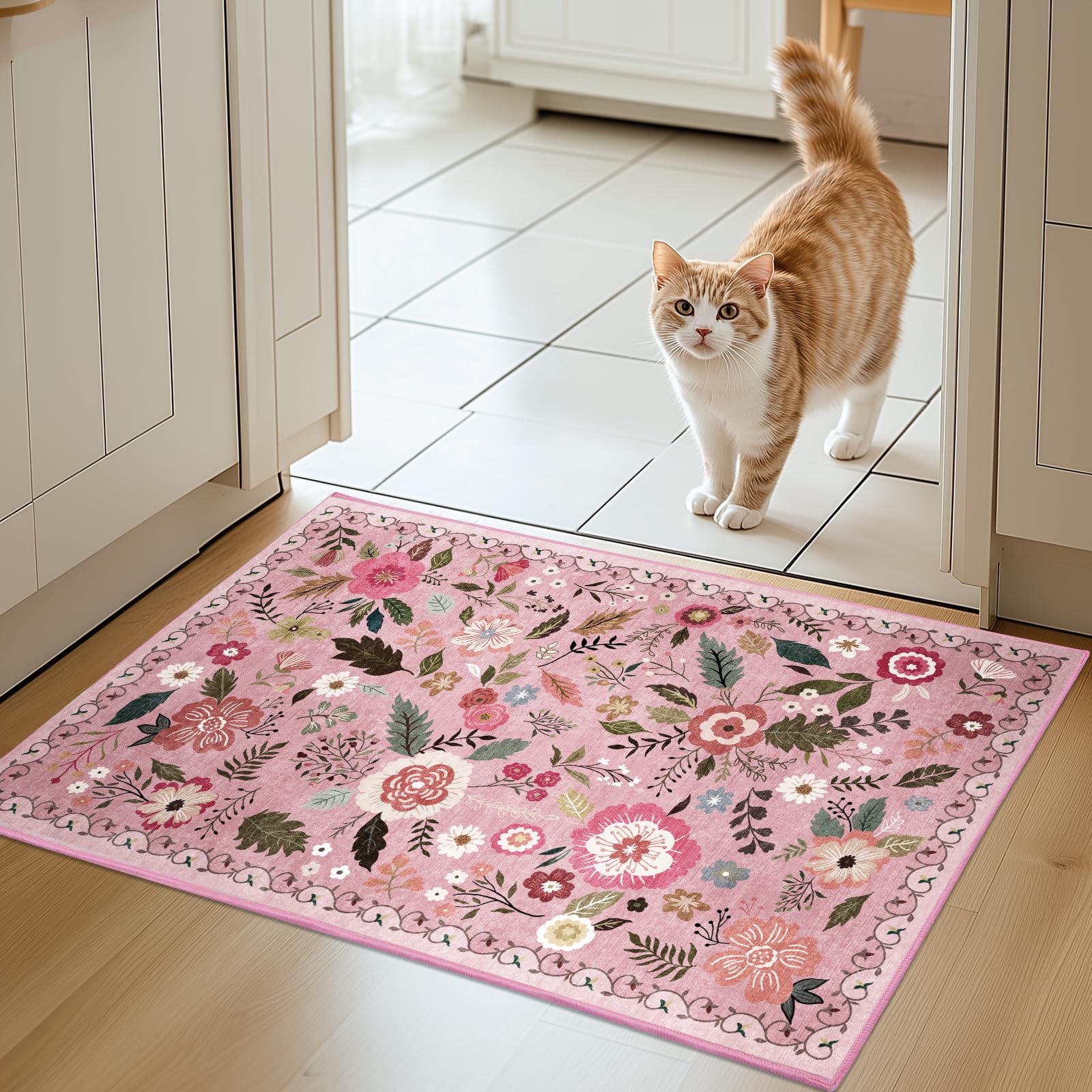 Boho Floral Vintage Rug for Home Washable Rugs Soft Low Pile, Non Slip Non-Shedding