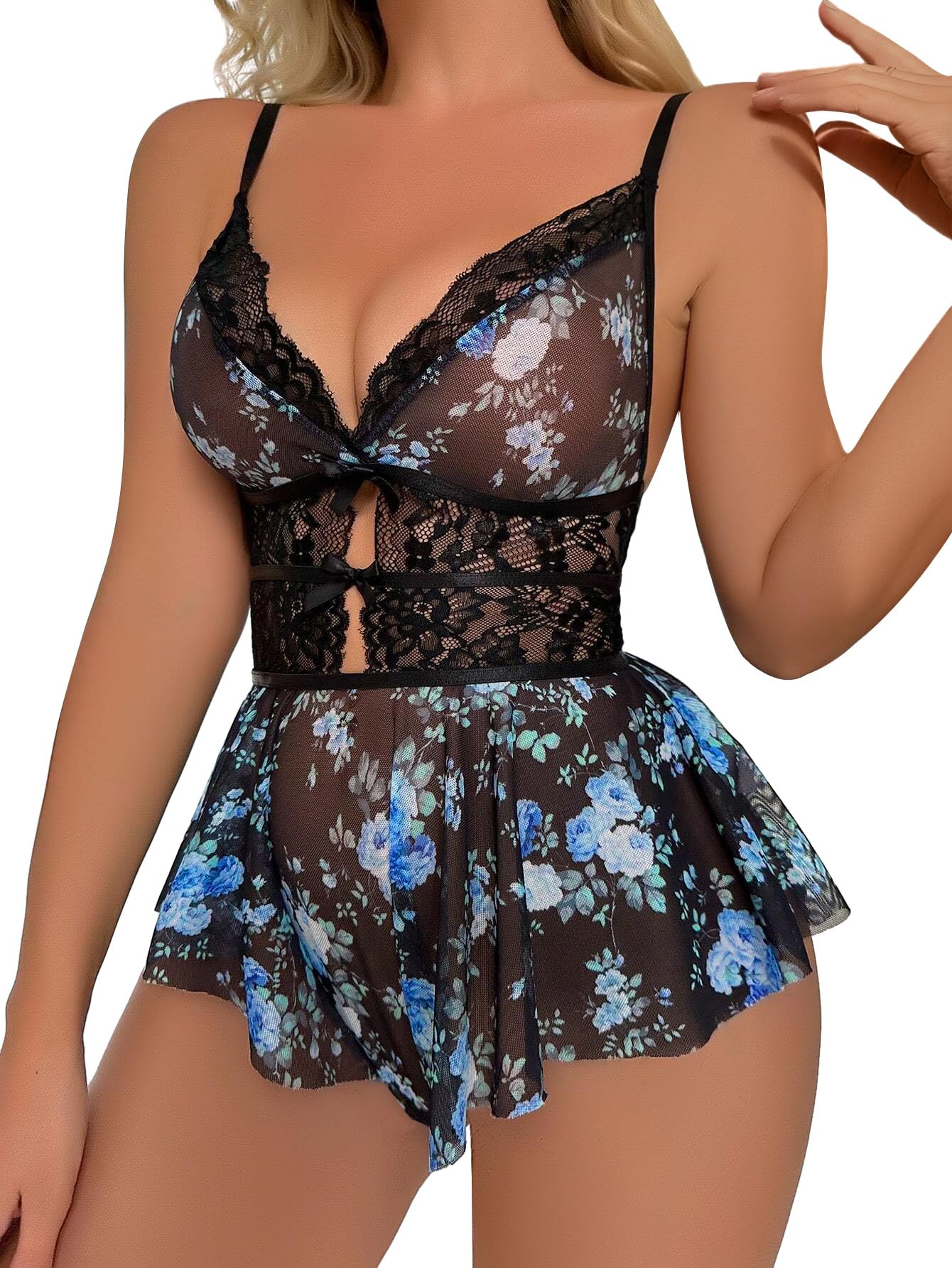 Sexy Floral Lace Mesh Babydoll Lingerie Romper