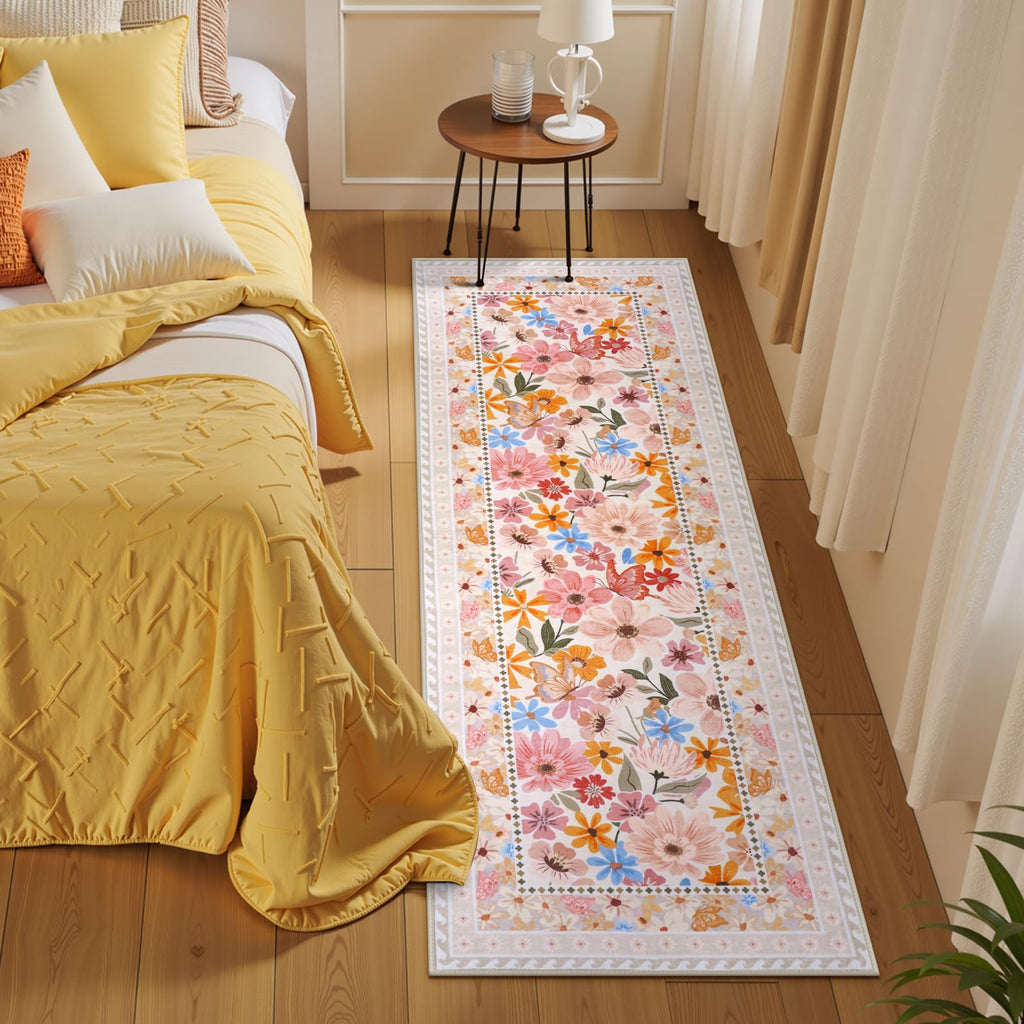 Floral Hallway Runner Rug, Runner Rugs Non Skid Washable, Low Pile Soft Boho Rugs