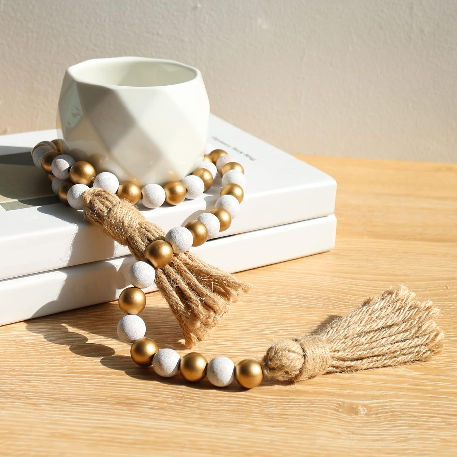 Wood Bead Garland,39in Farmhouse Beads with Tassels Boho Beads for Tiered Tray Decorative Beads Home Decor