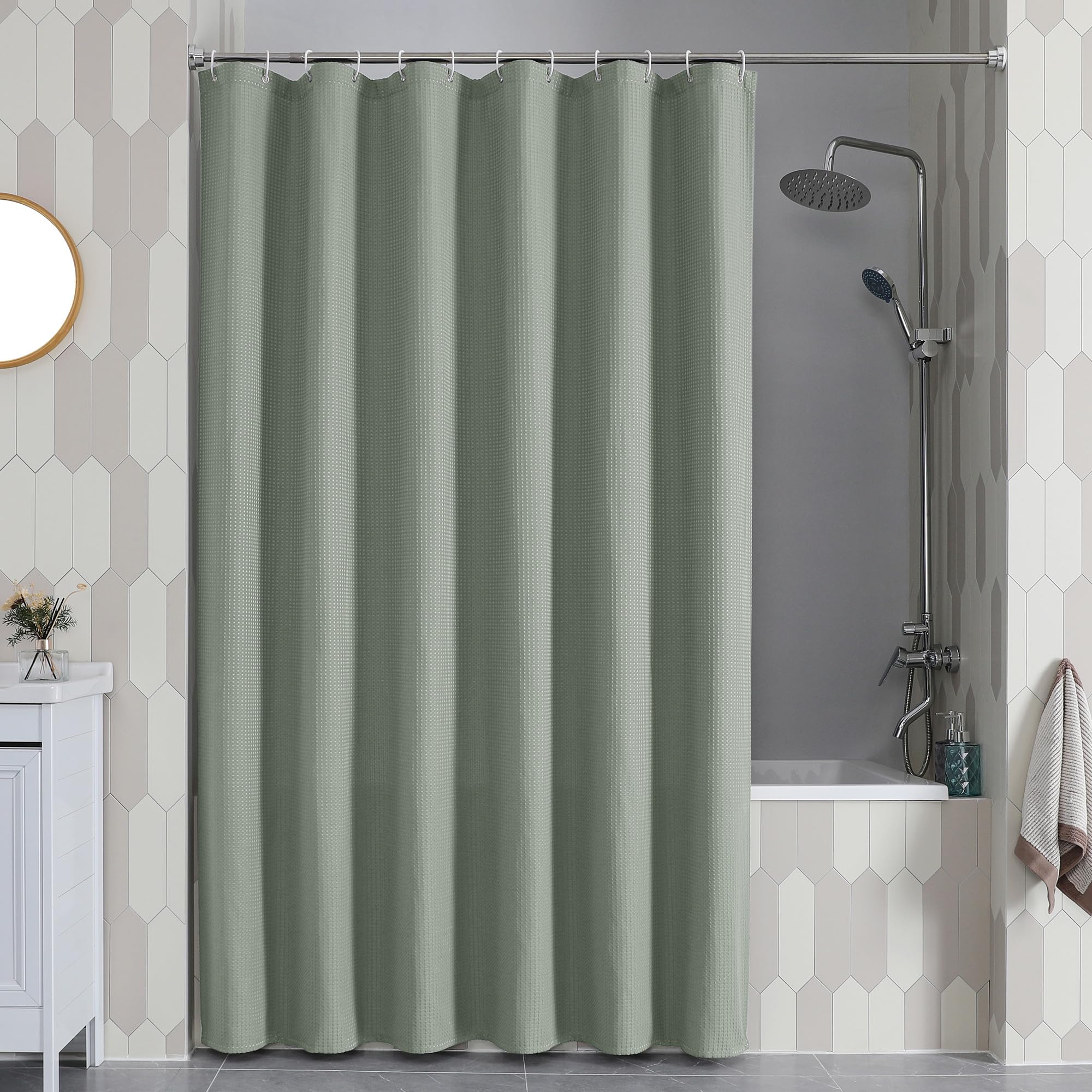 Waffle Textured Heavy Duty Fabric Shower Curtain for Bathroom, Luxury Hotel Weighted 230GSM Bath Curtain with 12 Plastic Hooks, Machine Washable, 72x72