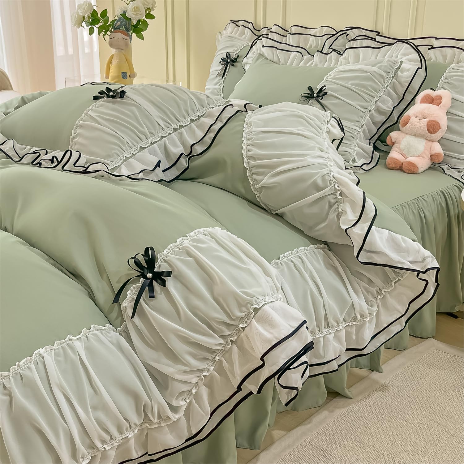 Duvet Cover Ruffle Beddding Set with Bowtie - 3 Pieces Comforter Cover Set with Zipper Closure & Pillowcase - Comforter Not Included