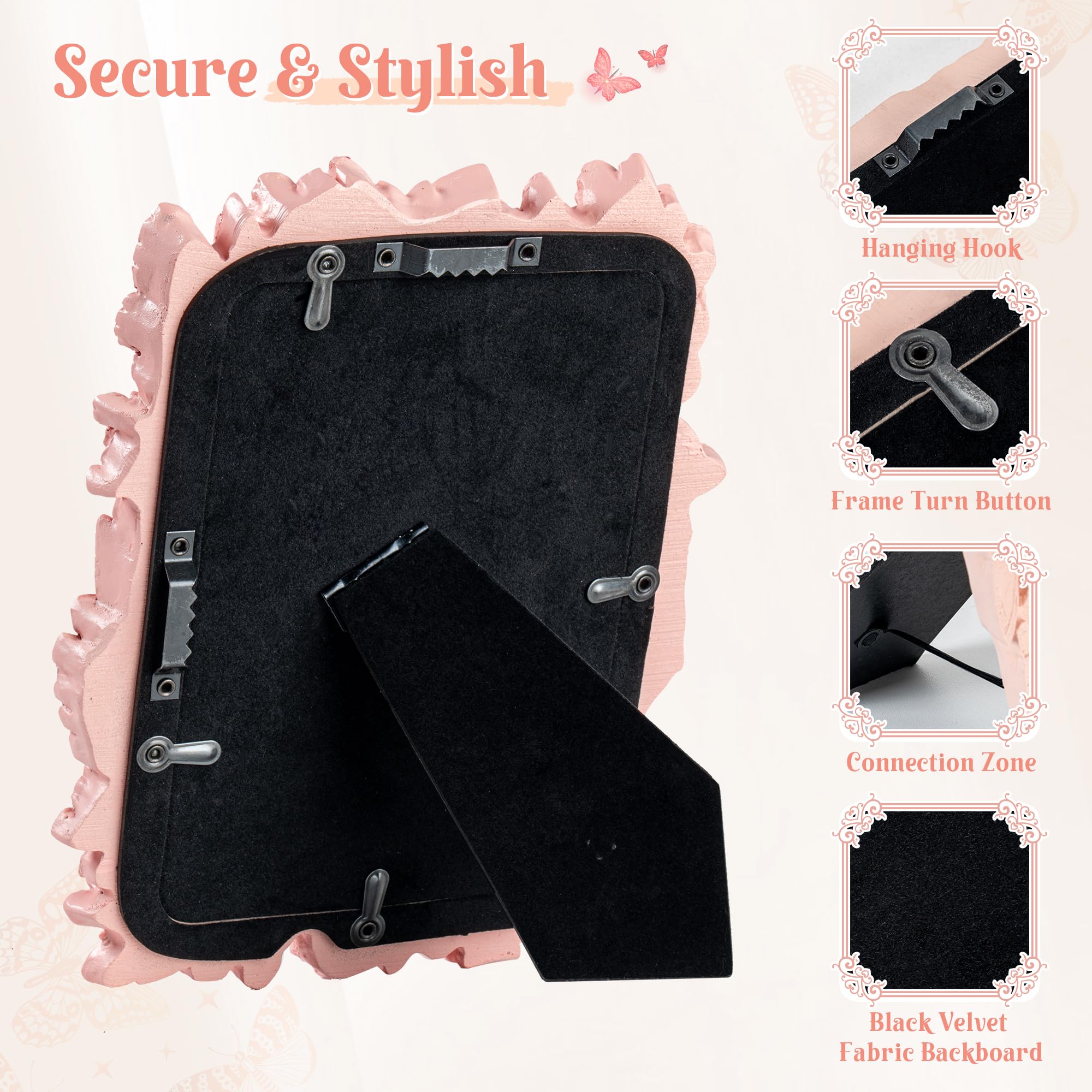 Picture Frame with High Tempered Glass, Butterfly Textured Hand-Crafted Resin Cute Photo Frame with Easel & Hook for Tabletop & Wall Display