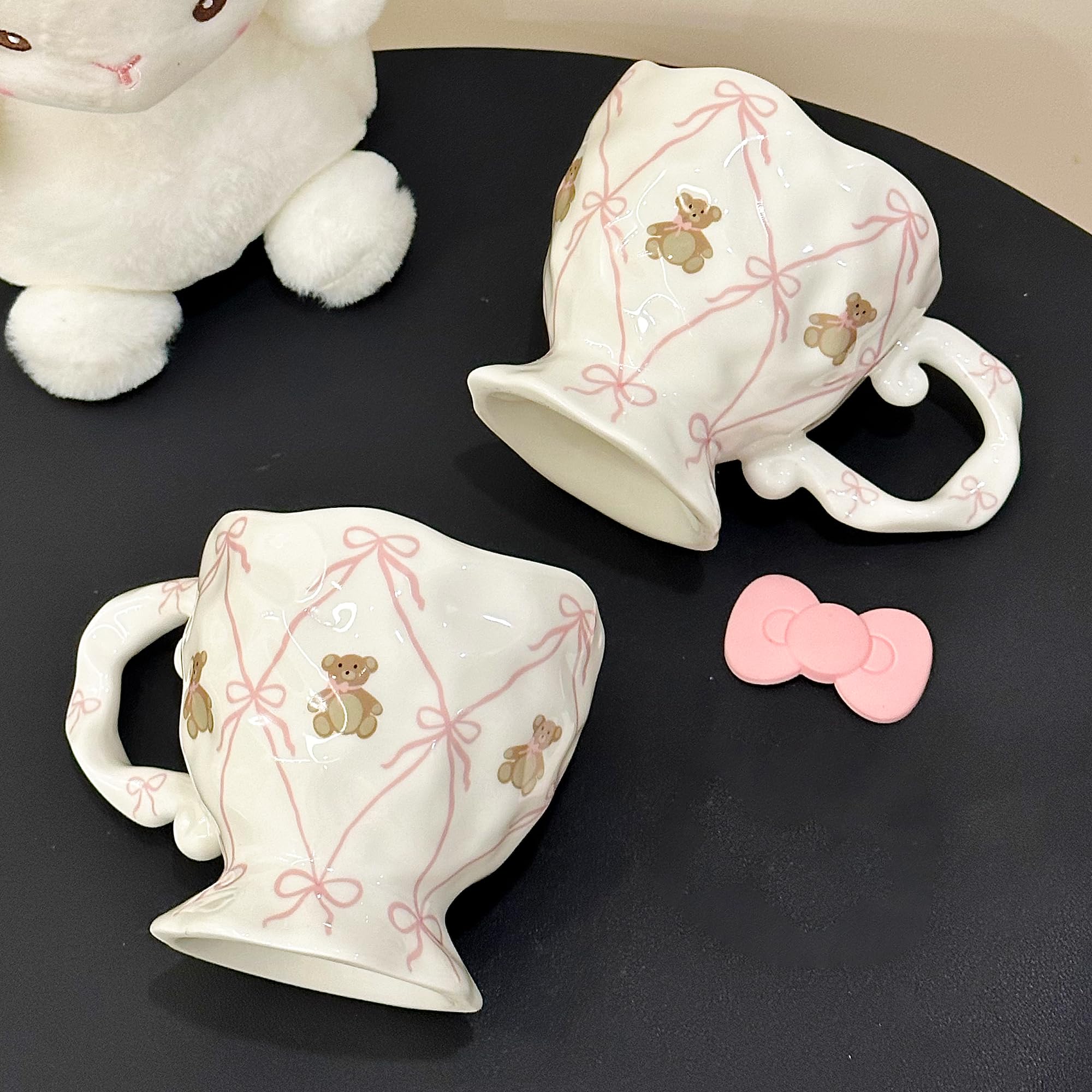 Handmade Kawaii Ceramic Mug with Pink Bow and Cute Bear â€?14 oz Novelty Cup