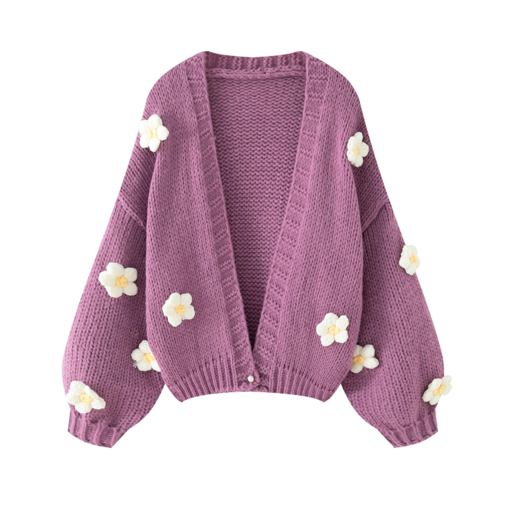 Women's Kawaii Strawberry Embroidered Cardigan Long Sleeve V Neck Chunky Knitted Cardigans