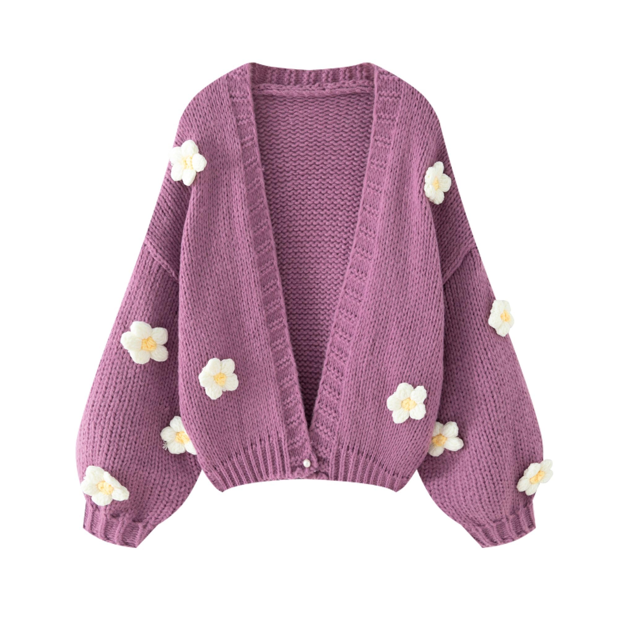 Women's Kawaii Strawberry Embroidered Cardigan Long Sleeve V Neck Chunky Knitted Cardigans