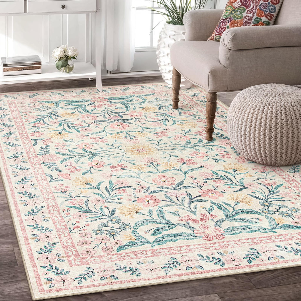 Machine Washable Boho Soft Floral Carpet Non Slip, Indoor Ultra-Thin Floor Carpet for Kid Room Living Room Dorm