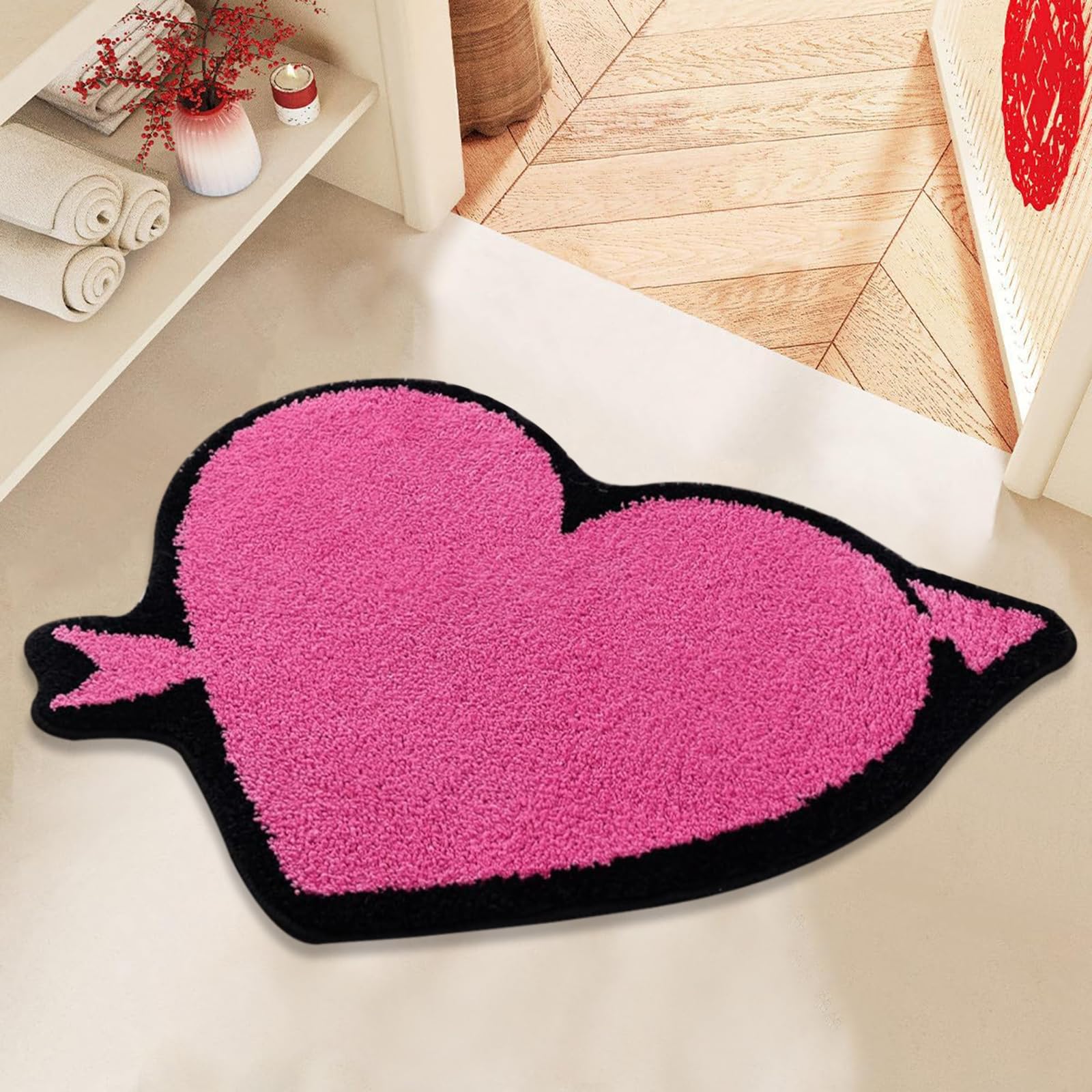Pink Heart Shape Bathroom Mat - Soft and Absorbent Bath Mat, Non Slip Washable Bath Rug for Shower Bedroom Kitchen Living Room Decor