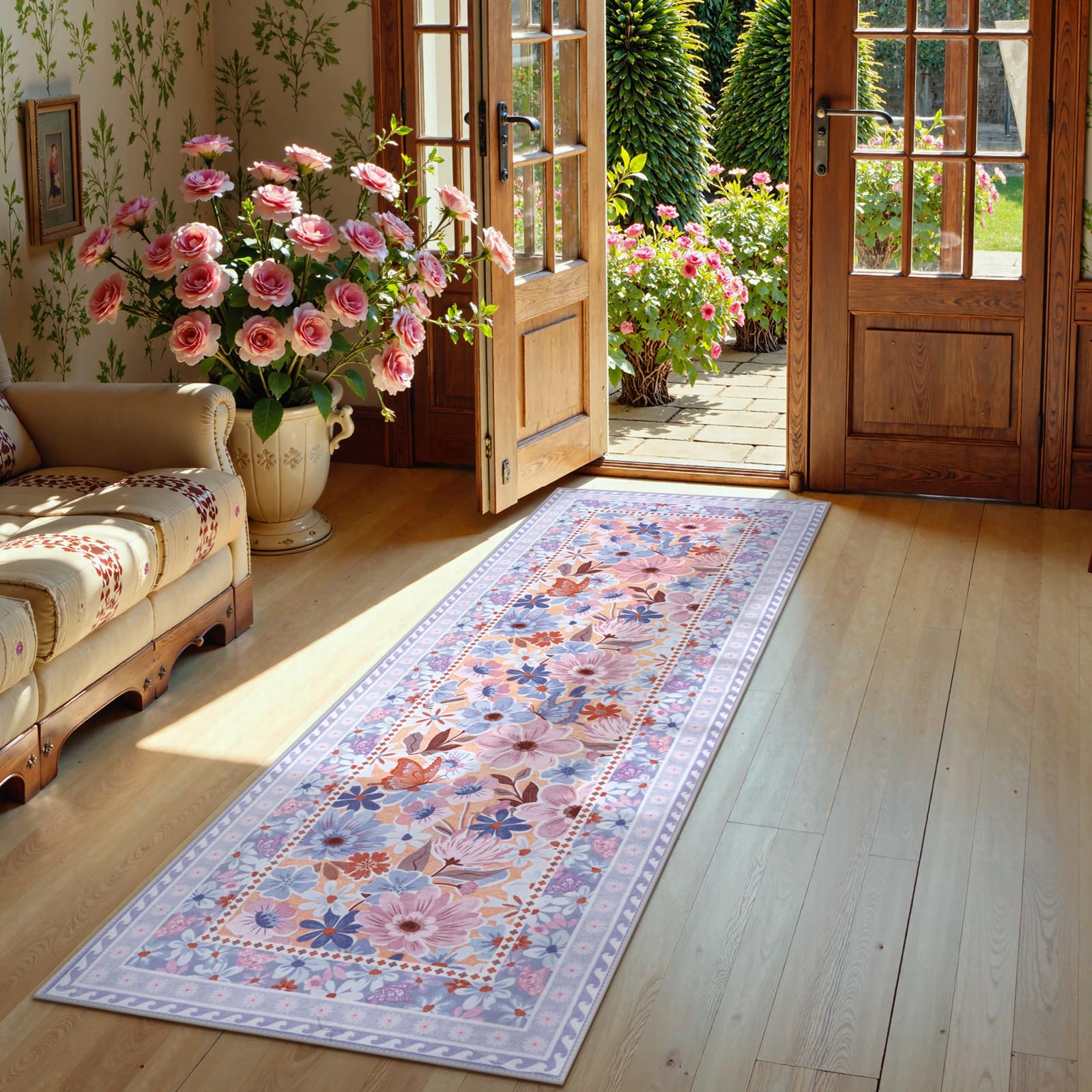 Floral Hallway Runner Rug, Runner Rugs Non Skid Washable, Low Pile Soft Boho Rugs