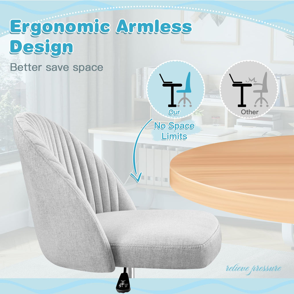 Modern Armless Cute Adjustable Swivel Padded Fabric Vanity Chair with Wheels