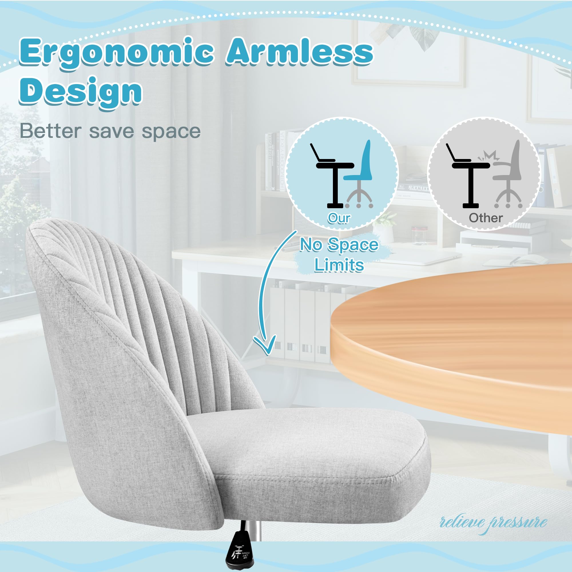 Modern Armless Cute Adjustable Swivel Padded Fabric Vanity Chair with Wheels