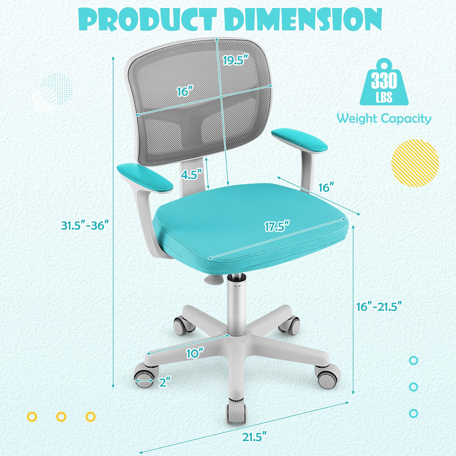 Swivel Adjustable Mesh Study Chair with Wheels & Arms, Ergonomic Computer Task Chair with Lumbar Support