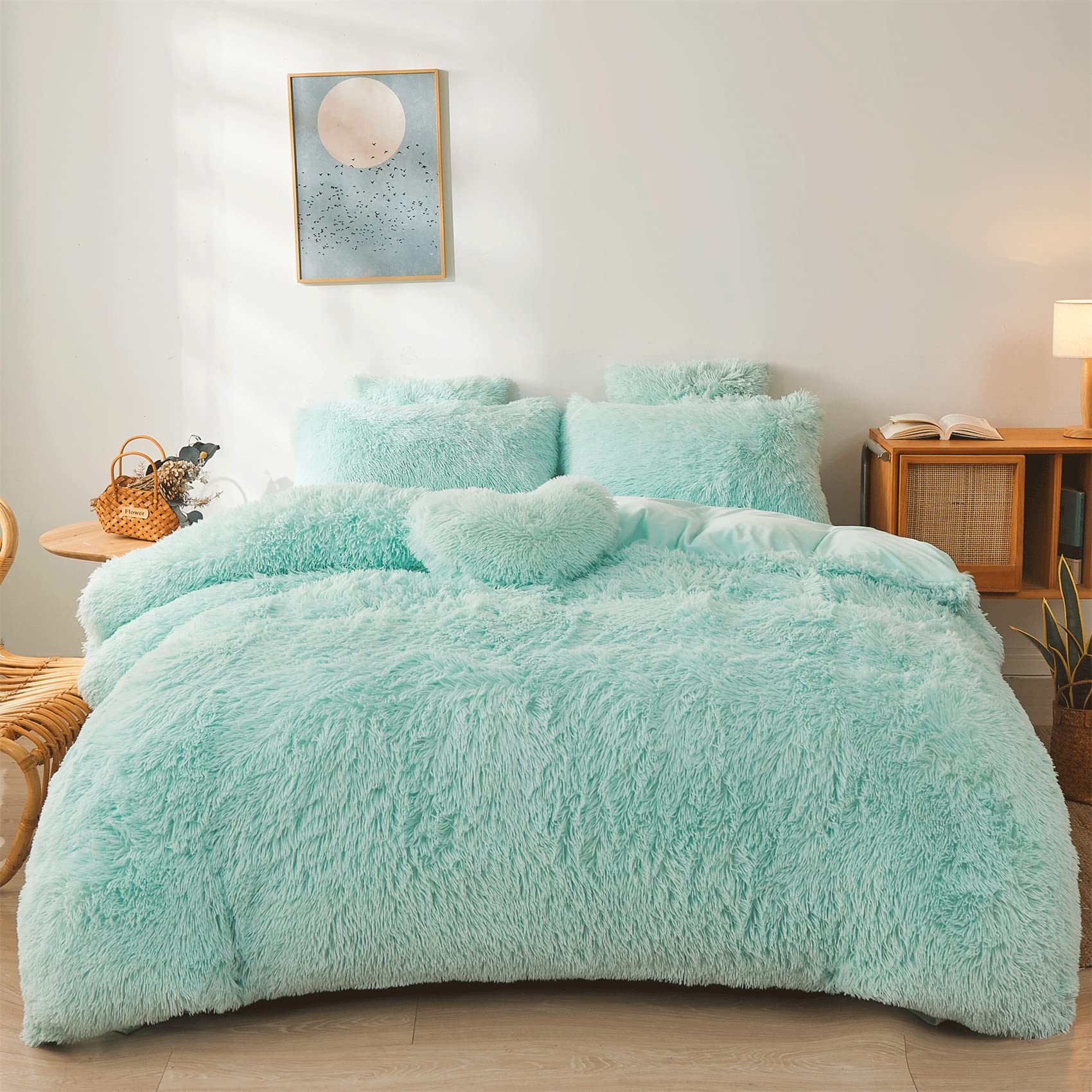 Fluffy Faux Fur Comforter Cover Set Queen - Ultra Soft Plush Bedding Sets 3 Pieces (1 Fluffy Duvet Cover + 2 Faux Fur Pillow case) Cute Bed Set