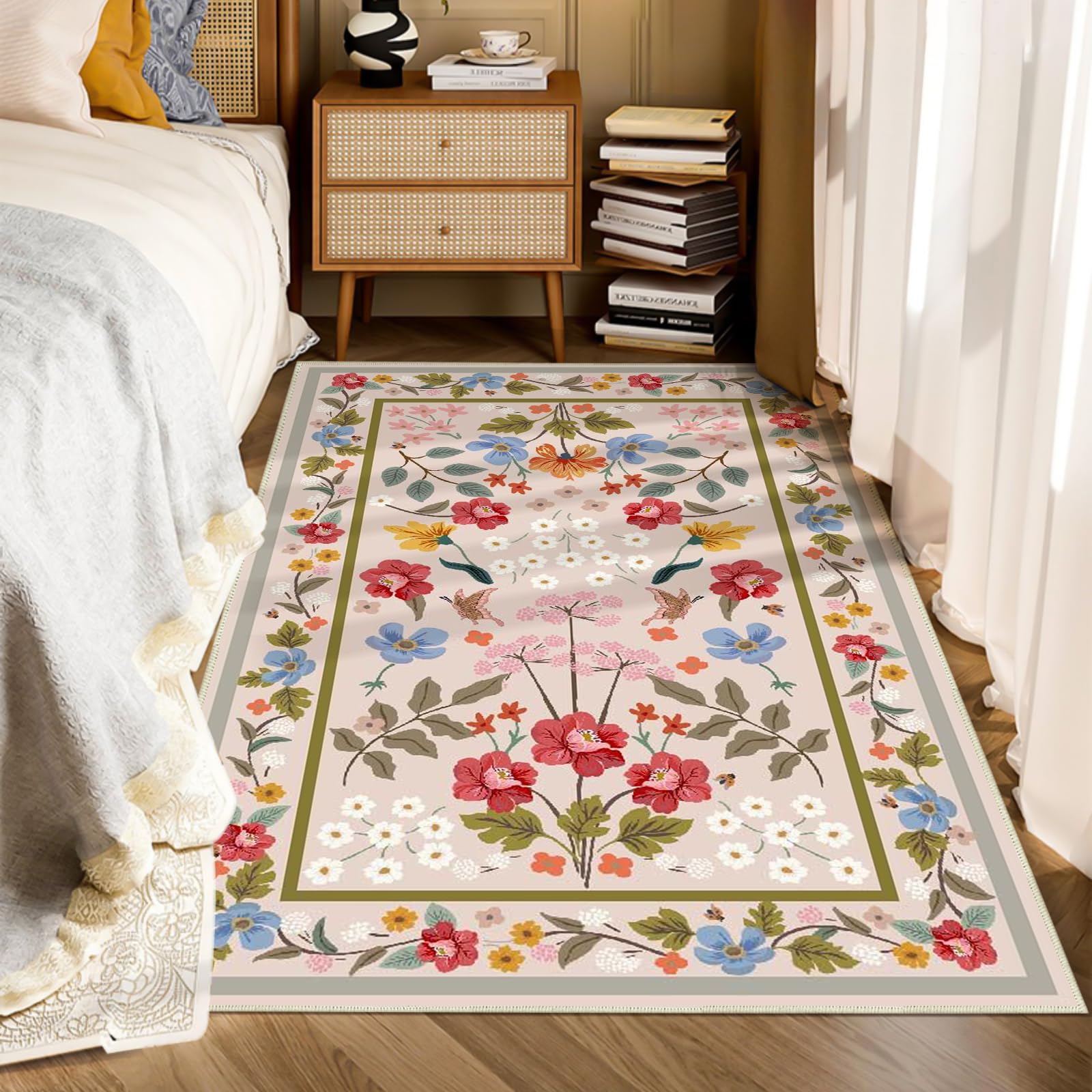 Washable Area Rug Non-Slip Area Rugs for Bedroom Soft Faux Wool Floral Rug with Rubber Backing Indoor Boho Area Rug