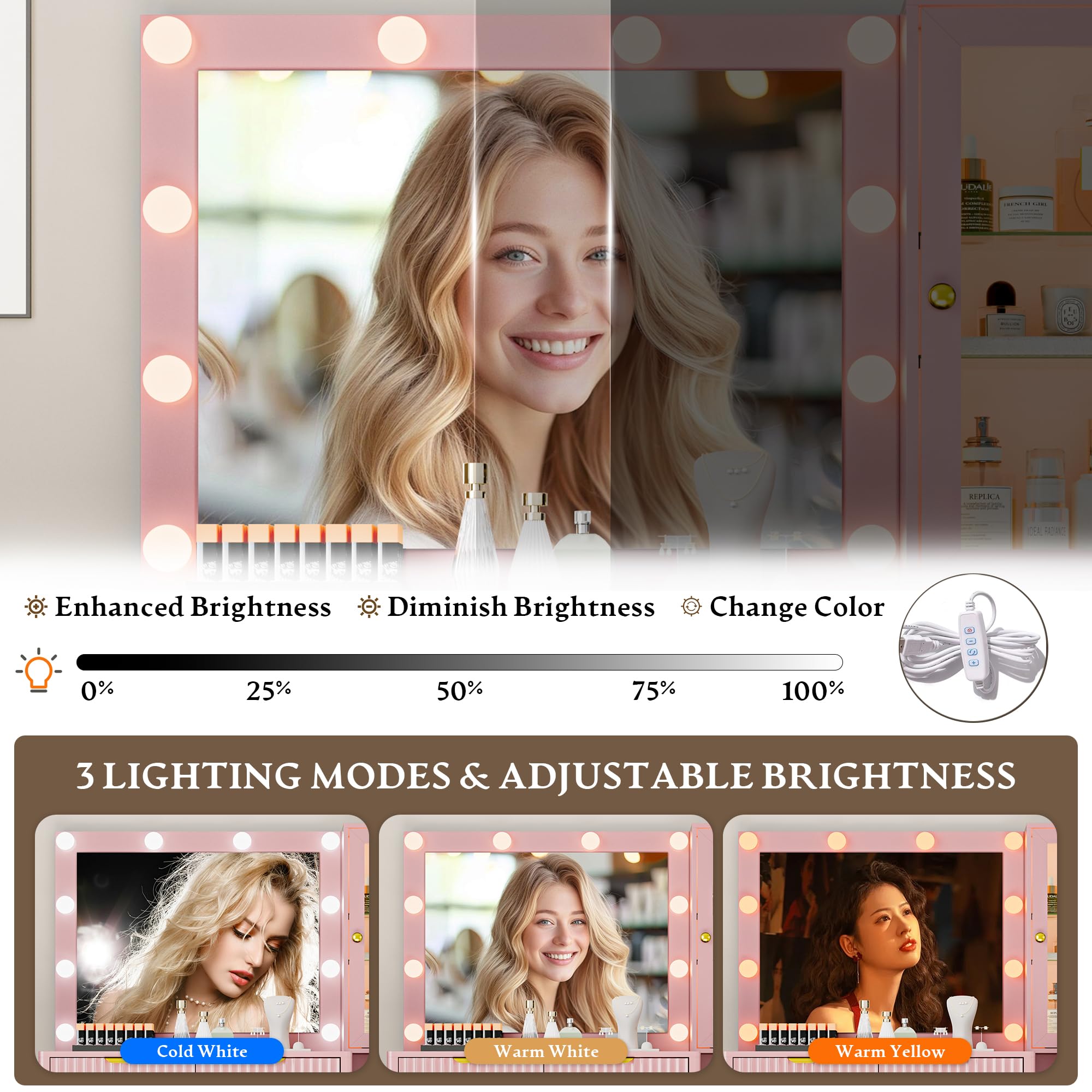 Fluted Vanity Desk with Mirror and Lights, 45" Glass Top Makeup Table Set with 5 Drawers, Power Outlet & Storage Cabinet, Large Dressing Table with RGB Ambient Light