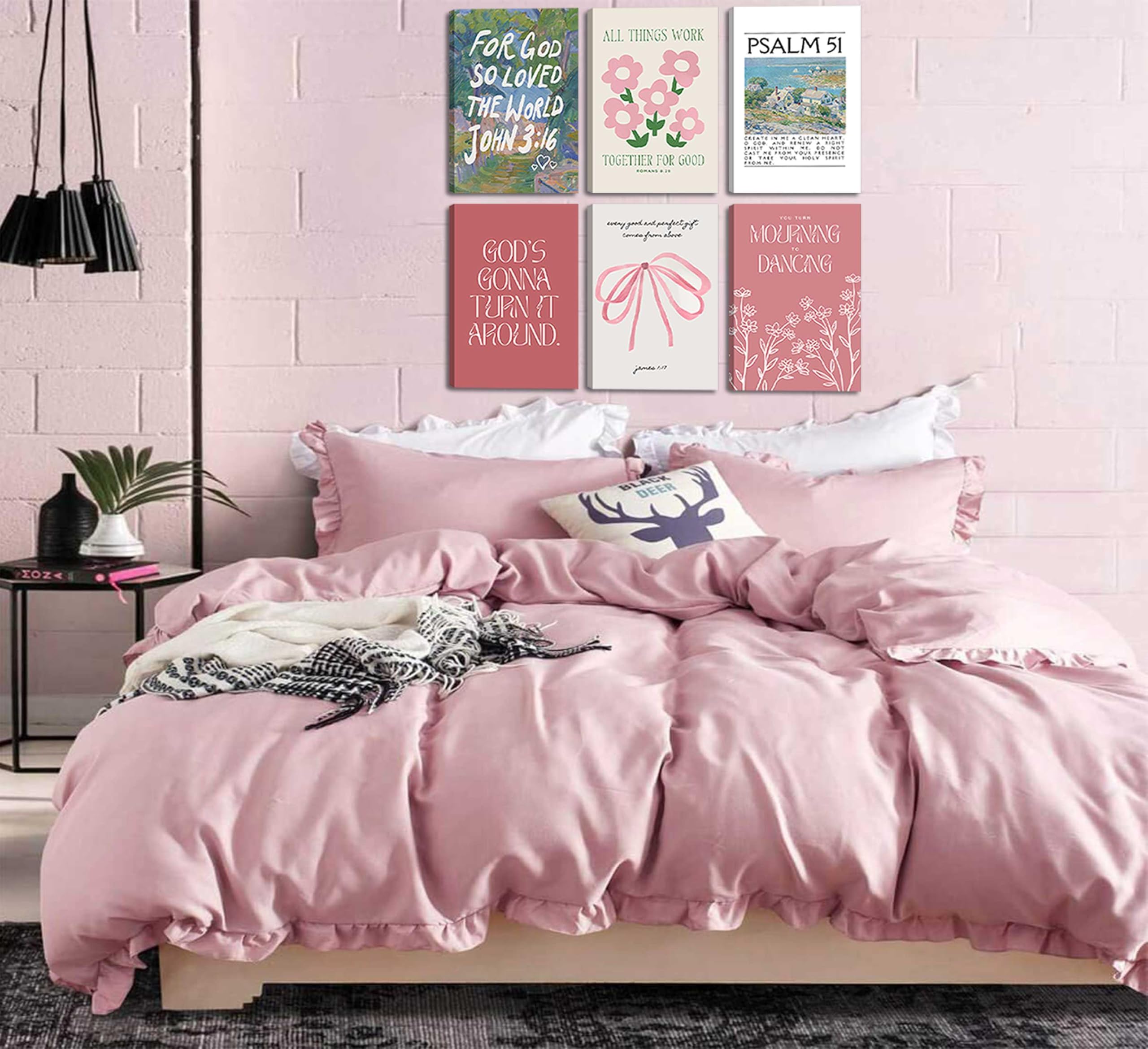 Wall Art Pink Bow Verse Canvas Paintings Decor 6Pcs