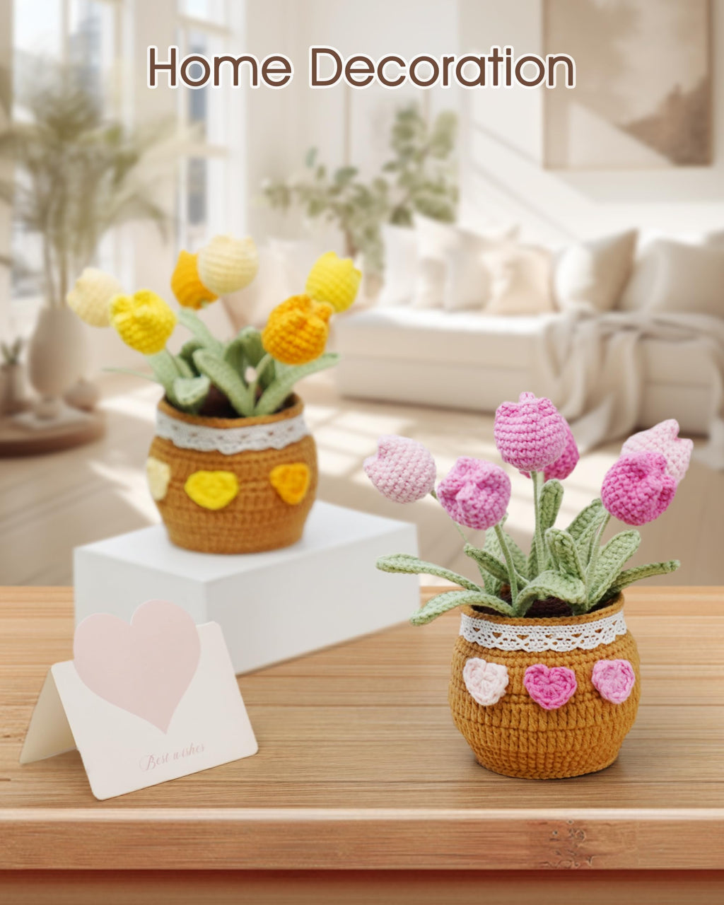 Crochet Tulip Potted Plant - Handmade Cotton Knitted Artificial Flowers, 6 Tulips Pot Plant with Bendable Leaves