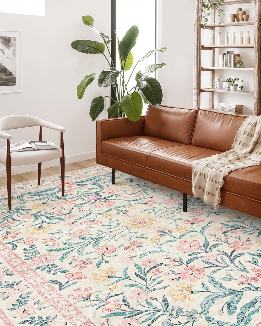 Machine Washable Boho Soft Floral Carpet Non Slip, Indoor Ultra-Thin Floor Carpet for Kid Room Living Room Dorm