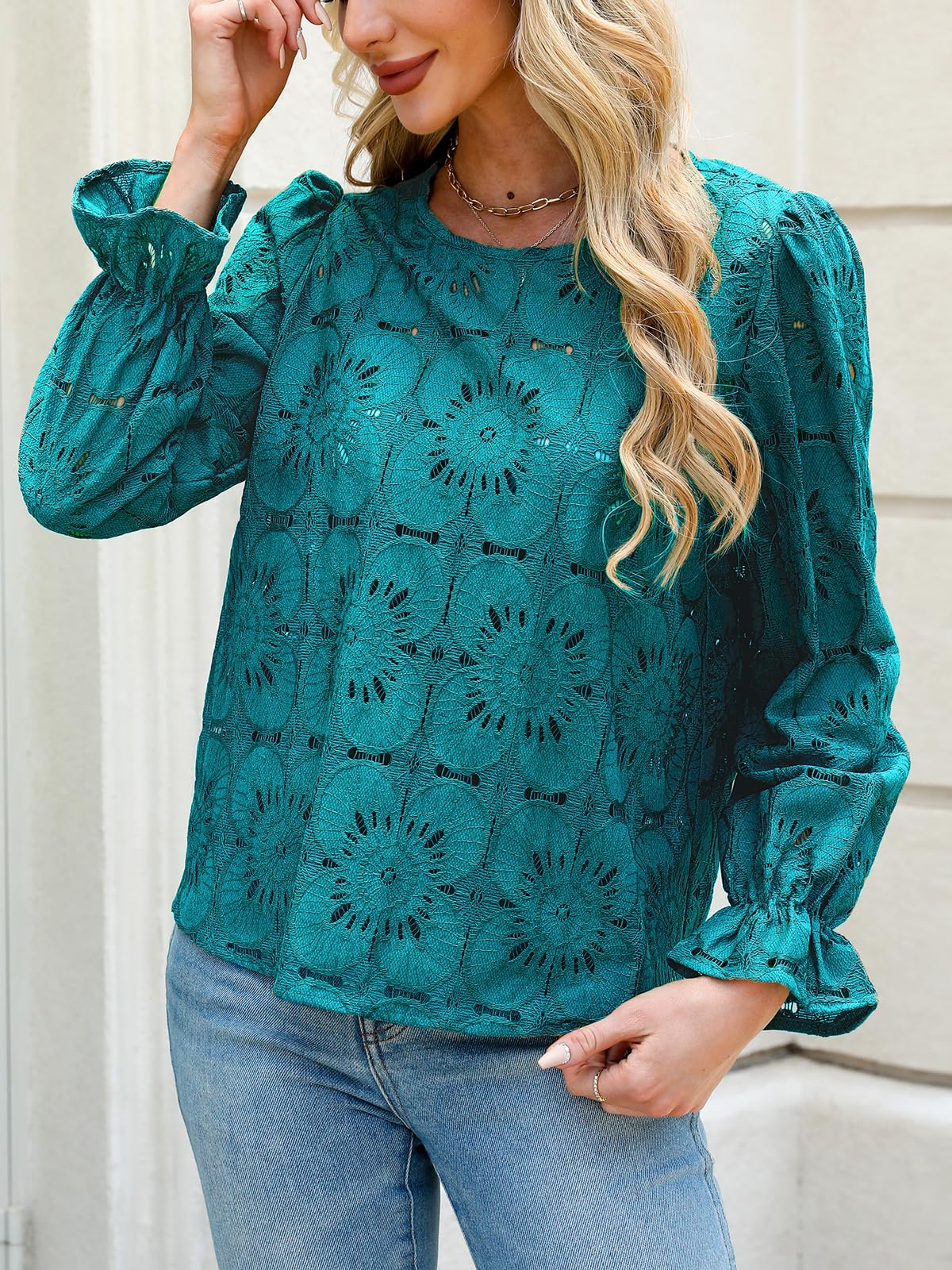 Women Eyelet Long Sleeve - Dressy Hollow Out Crochet Lace Embroidered Blouse