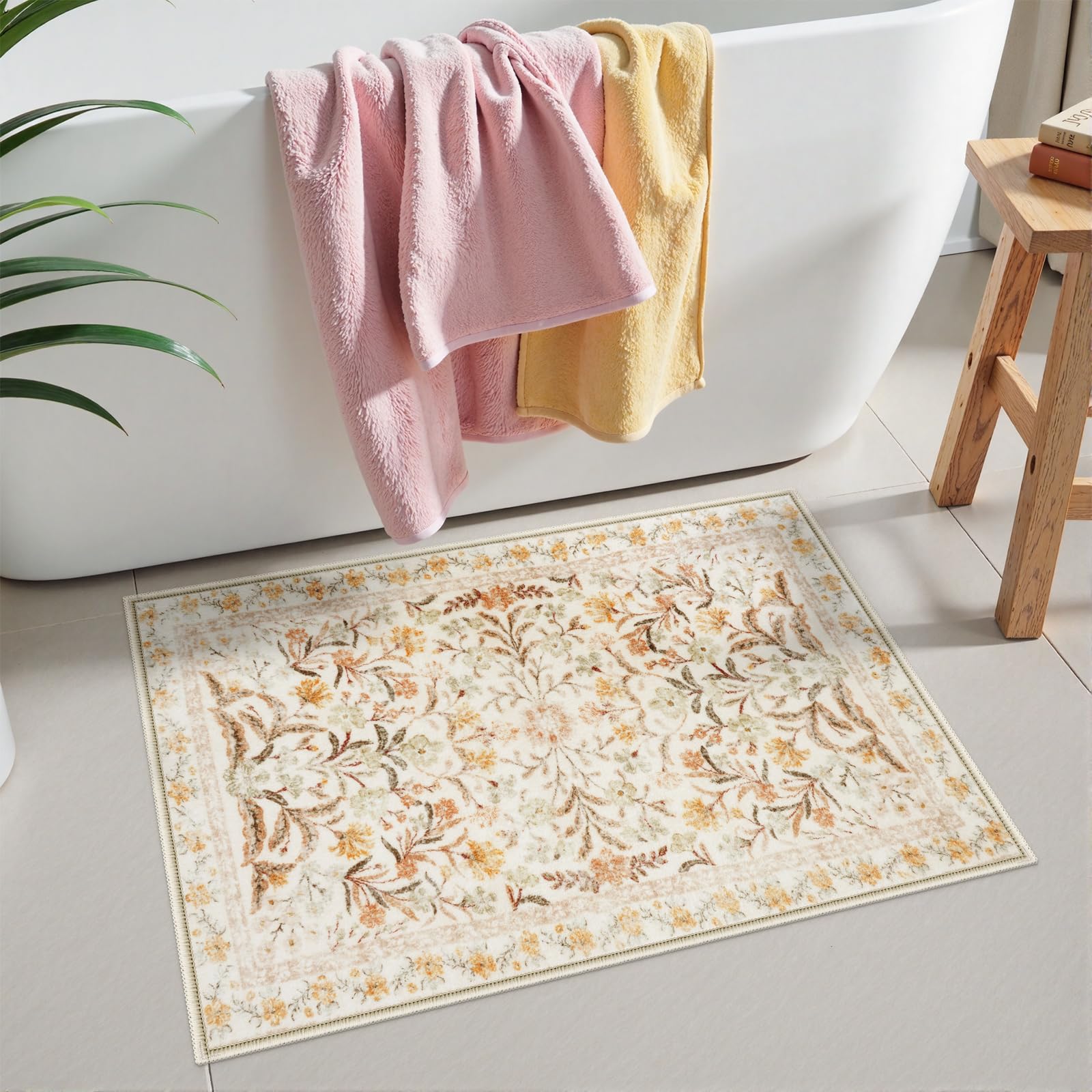 New Boho Floral Bath Rugs, Non Slip Washable Bathroom Rugs Fit Under Door, Ultra Soft and Absorbent Bath Mat