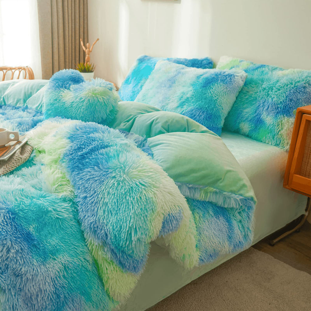 Fluffy Faux Fur Comforter Cover Set Queen - Ultra Soft Plush Bedding Sets 3 Pieces (1 Fluffy Duvet Cover + 2 Faux Fur Pillow case) Cute Bed Set