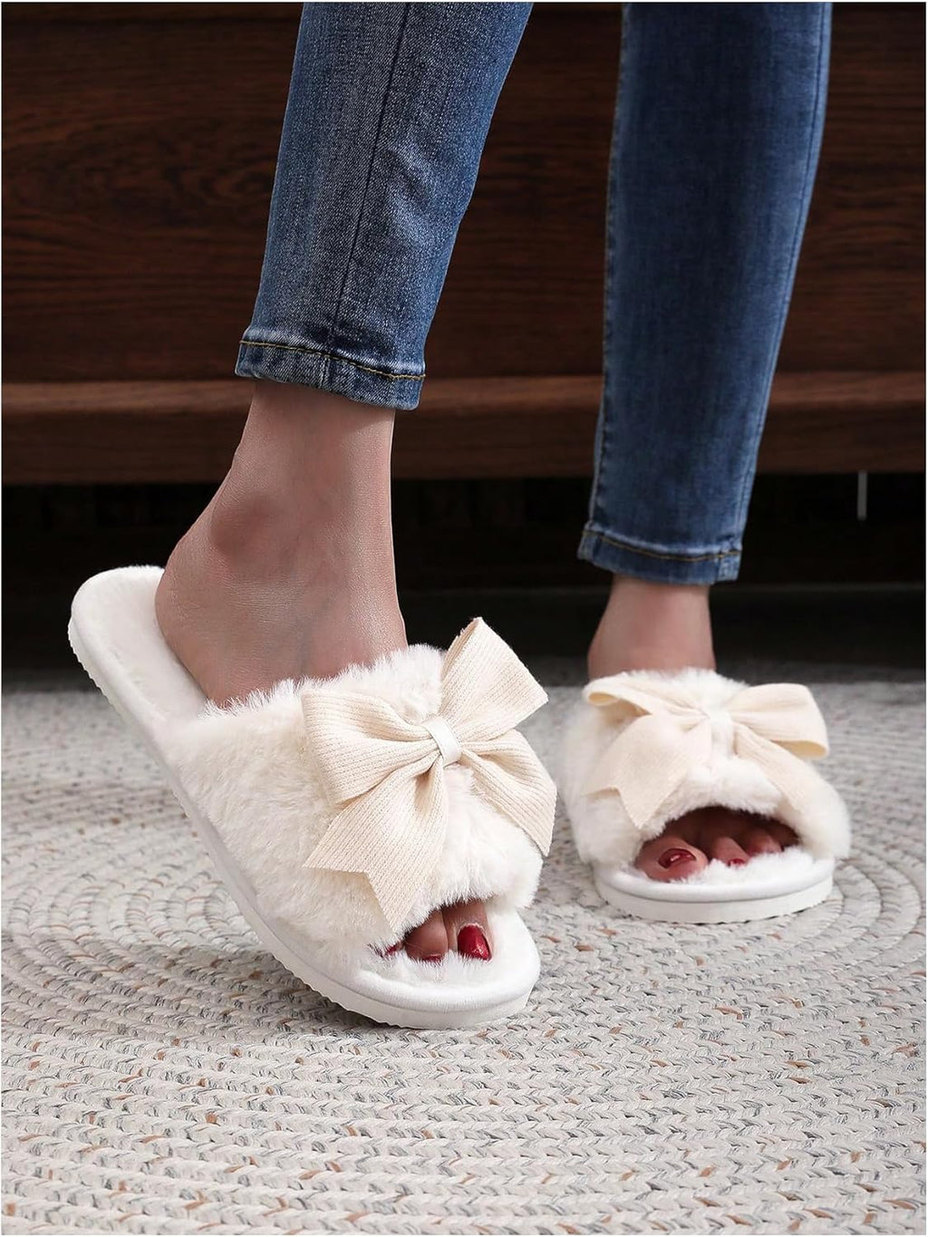 Women's Cute Bow Decor Fuzzy Open Toe Indoor Home Slippers Fashionable Warm Comfy Furry Outdoor Slippers