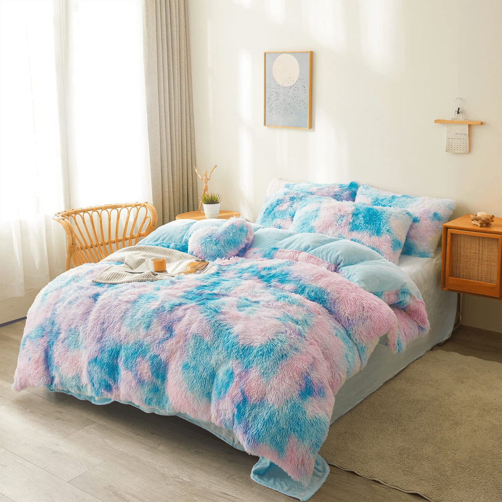 Fluffy Faux Fur Comforter Cover Set Queen - Ultra Soft Plush Bedding Sets 3 Pieces (1 Fluffy Duvet Cover + 2 Faux Fur Pillow case) Cute Bed Set