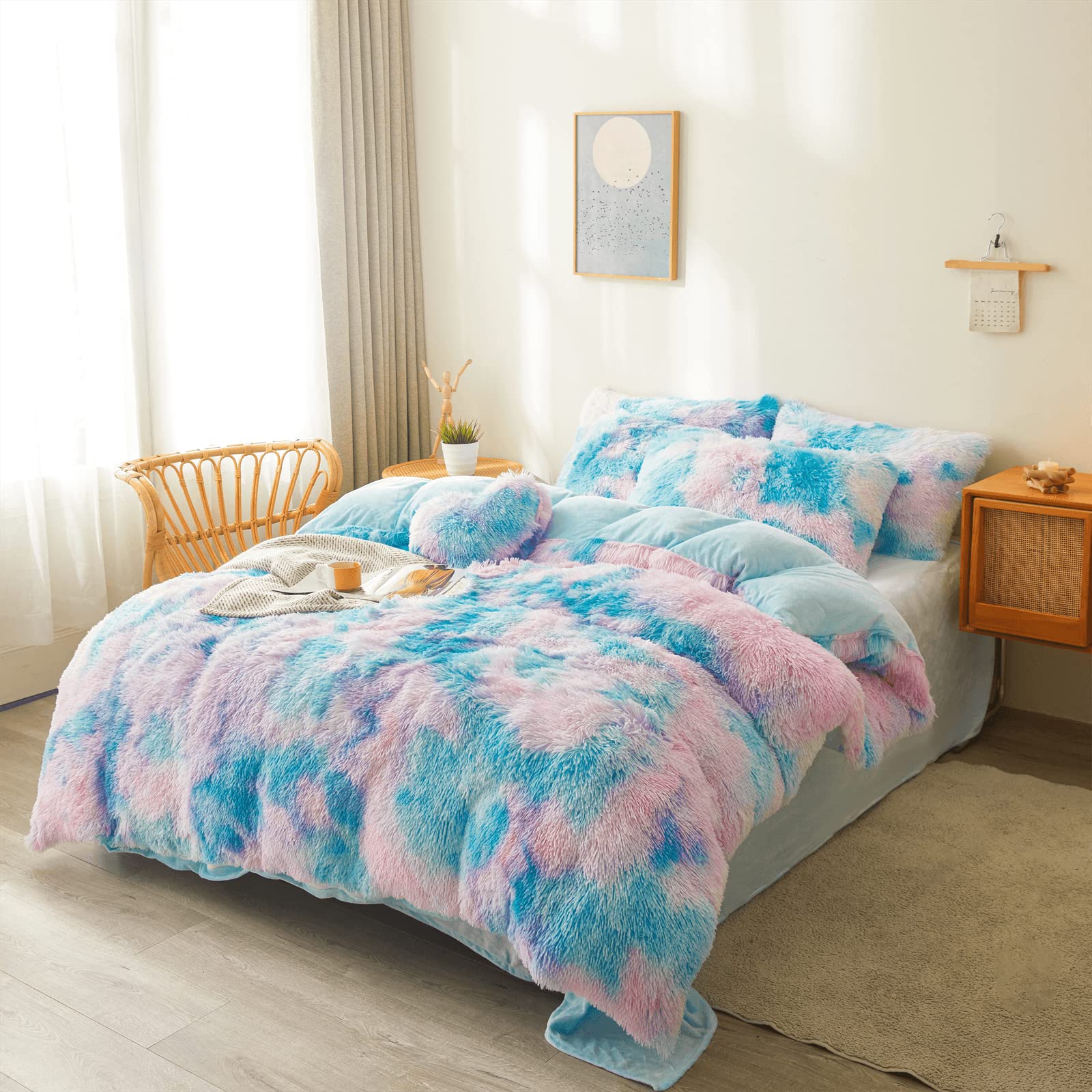 Fluffy Faux Fur Comforter Cover Set Queen - Ultra Soft Plush Bedding Sets 3 Pieces (1 Fluffy Duvet Cover + 2 Faux Fur Pillow case) Cute Bed Set