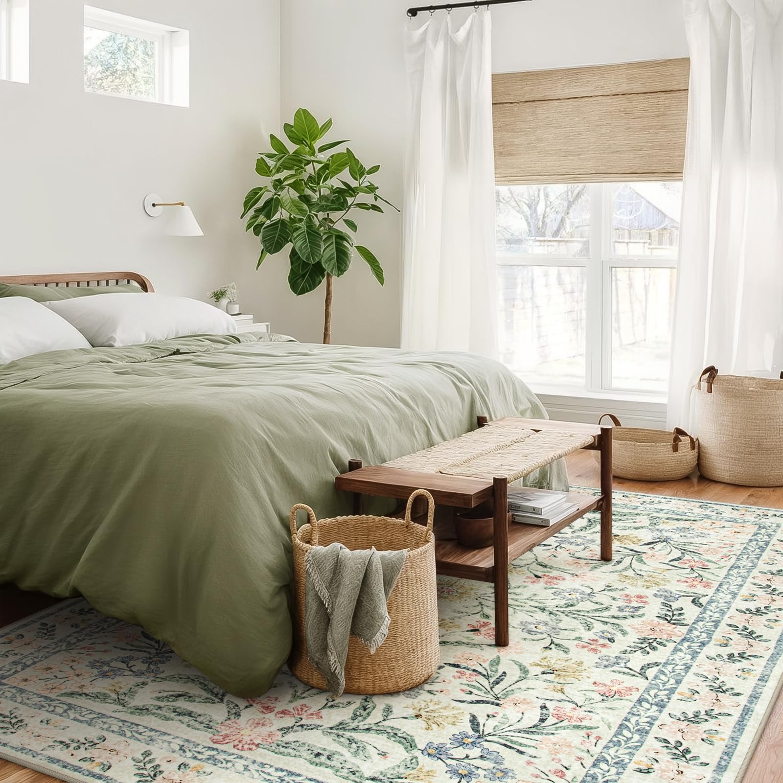 Machine Washable Boho Soft Floral Carpet Non Slip, Indoor Ultra-Thin Floor Carpet for Kid Room Living Room Dorm