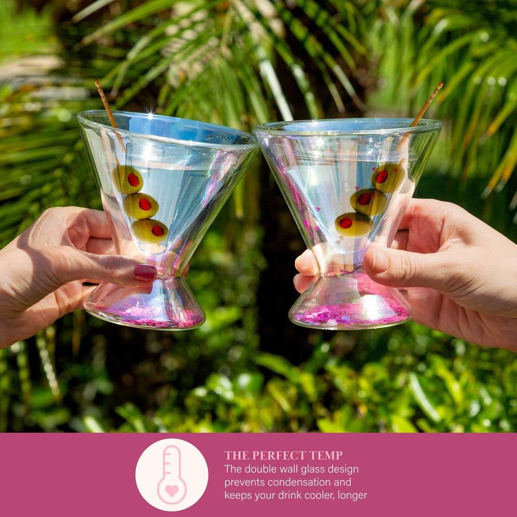 Paris Hilton 2-Piece Martini Glass Set, Double Wall Glass Design, Iridescent with Glitter Hearts - 207mL 7-Ounce