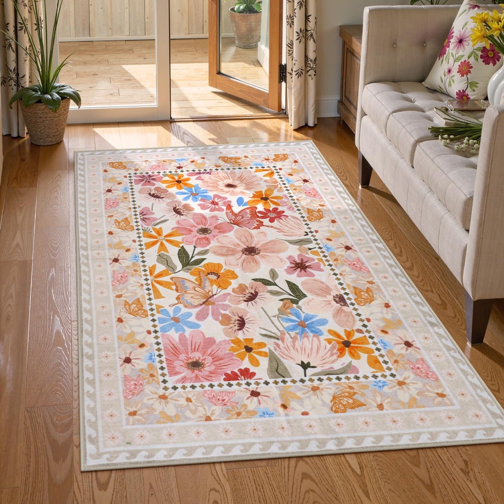 Floral Hallway Runner Rug, Runner Rugs Non Skid Washable, Low Pile Soft Boho Rugs