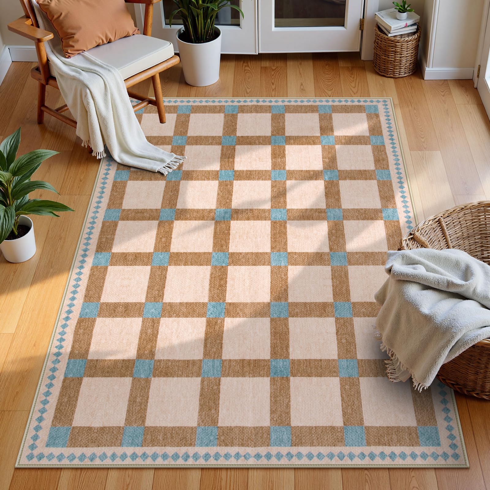Checkered Rugs, Modern Washable Non Slip Low Pile Carpet