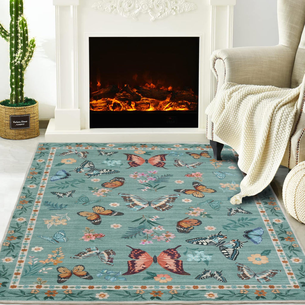 Insect Floral Area Rug, Machine Washable Area Rug Non-Slip Low Pile Large Bedroom Rug Stain Resistant Throw Rug Carpet