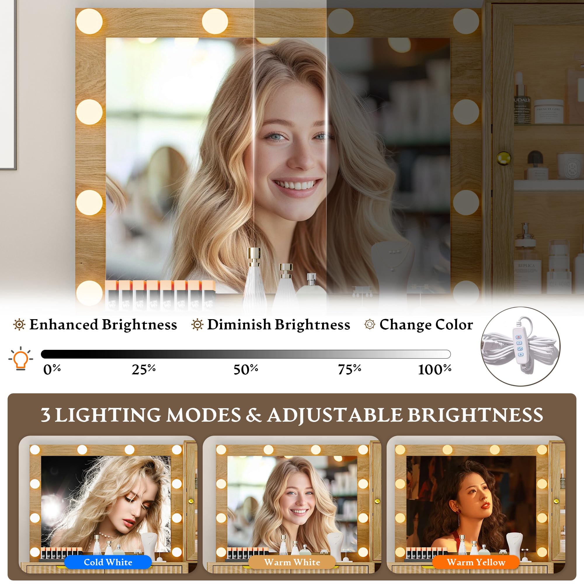 Fluted Vanity Desk with Mirror and Lights, 45" Glass Top Makeup Table Set with 5 Drawers, Power Outlet & Storage Cabinet, Large Dressing Table with RGB Ambient Light