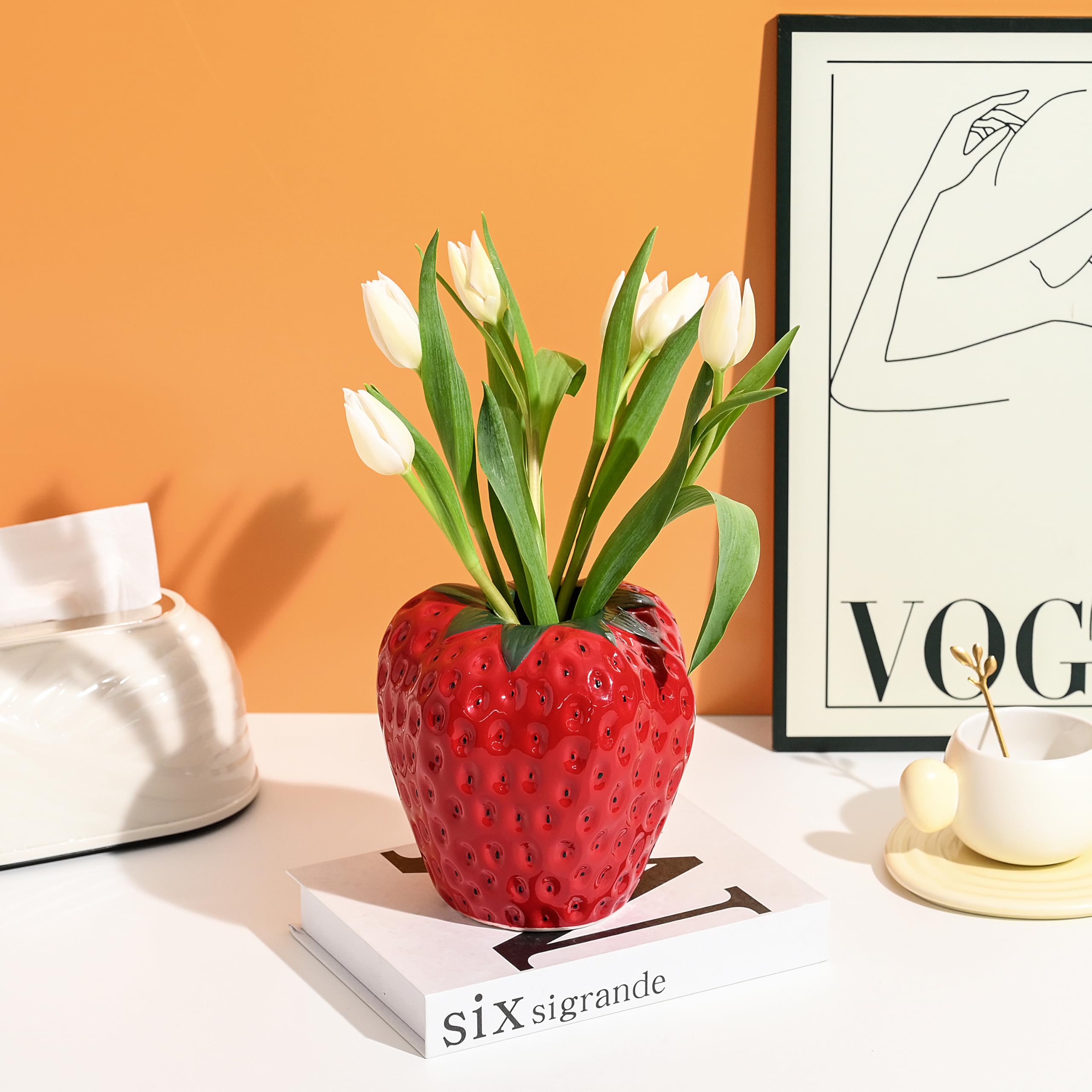 Strawberry Vase for Flowers, Dusty Pink Ceramic Fruit Vase, Strawberry Shaped Planter Pot with Green Leaves and Black Seeds Decor