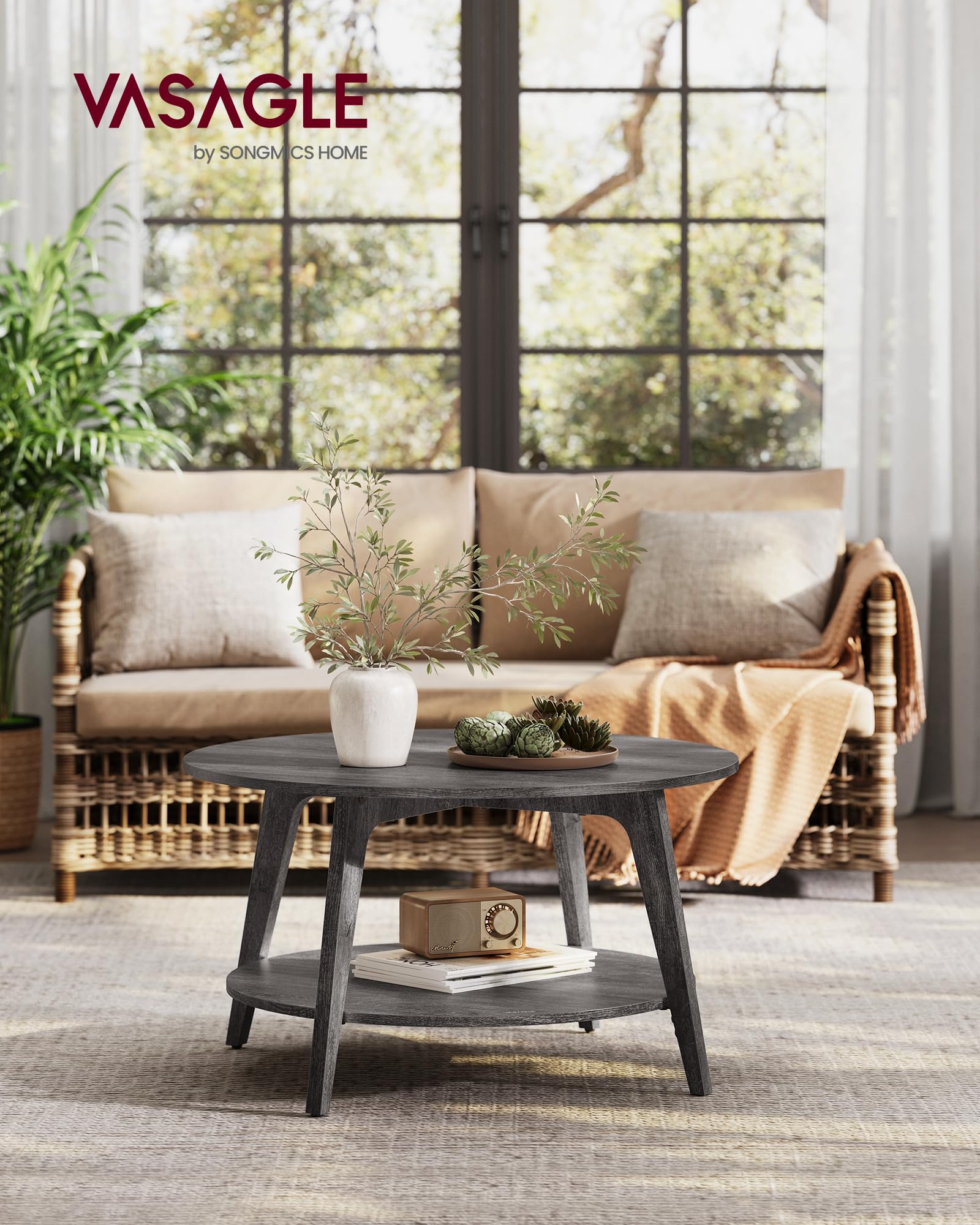 Round Coffee Table, 2 Tier Coffee Table with Storage, for Living Room, 31.5 x 17.7 Inches, Easy to Assemble