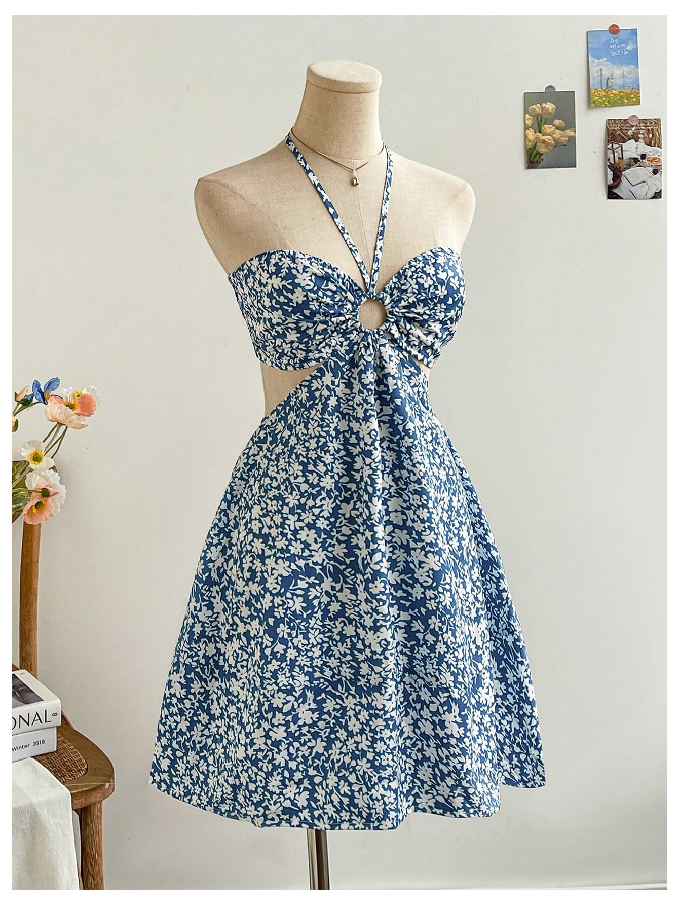 Women's Floral Halter Neck Vacation Dress Sleeveless Cut Out Boho Cami Dress