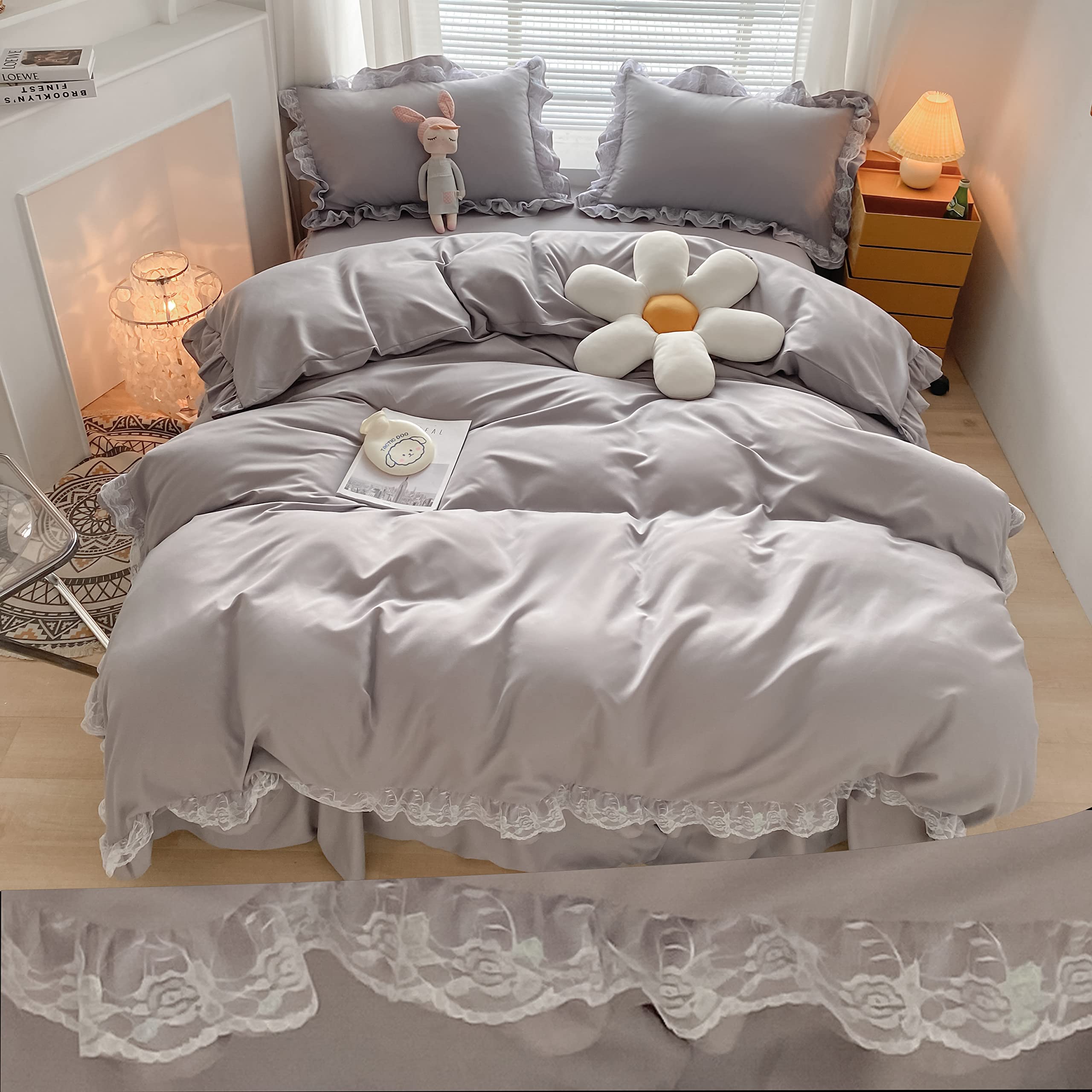 Chic Ruffle Lace Polyester Duvet Cover Set - Bedding-2 Piece Twin Duvet Cover with Zipper Closure - Ultra Soft and Light Weight