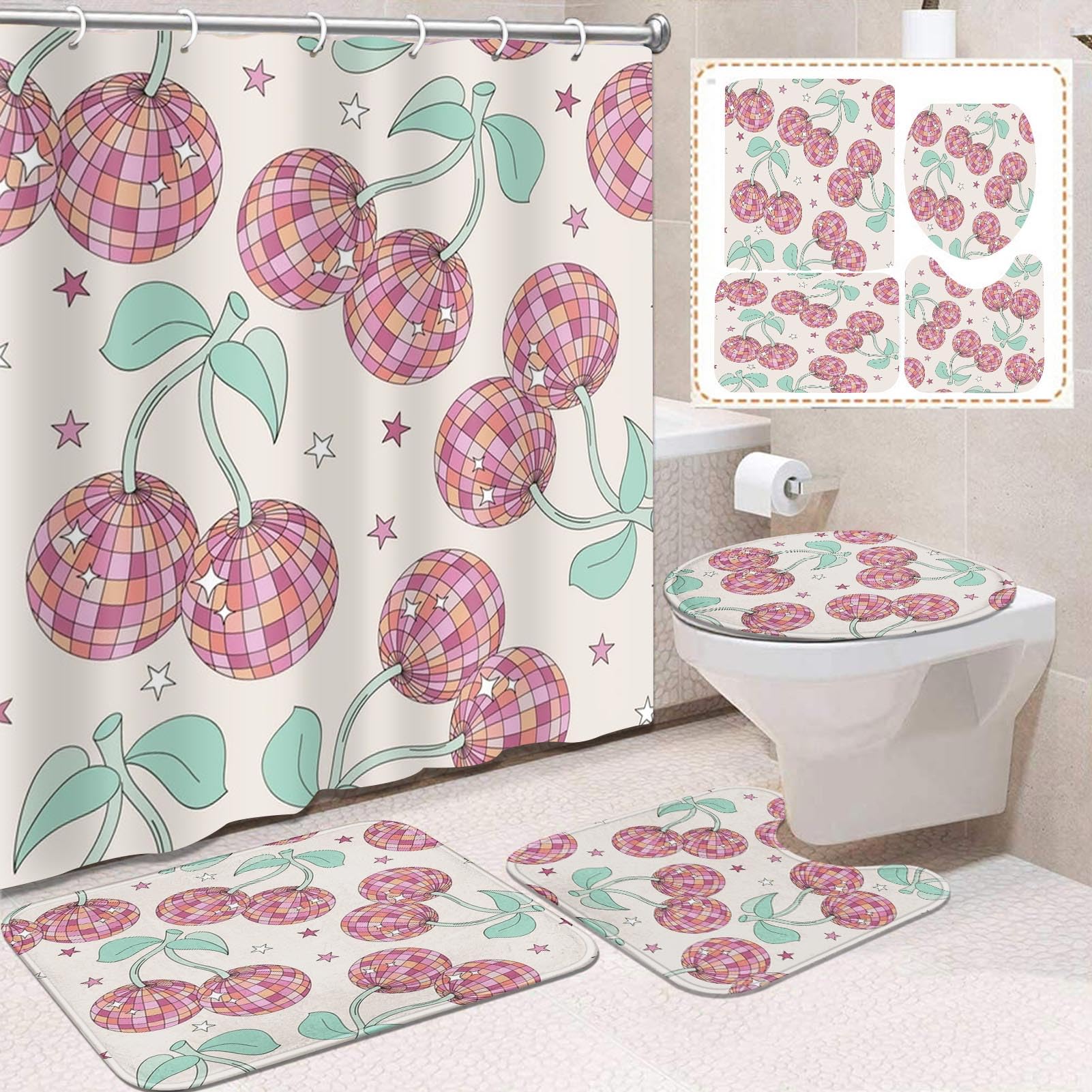 Vintage 4 Pcs Bathroom Sets with Shower Curtain and Rugs, Shower Curtain Sets for Bathroom Decor with 12 Hooks