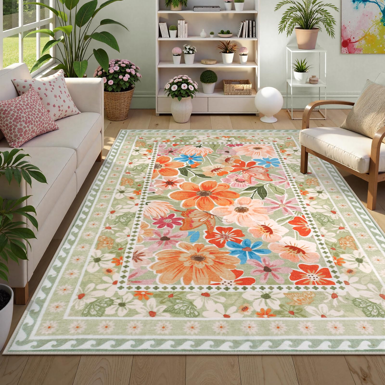 Floral Hallway Runner Rug, Runner Rugs Non Skid Washable, Low Pile Soft Boho Rugs